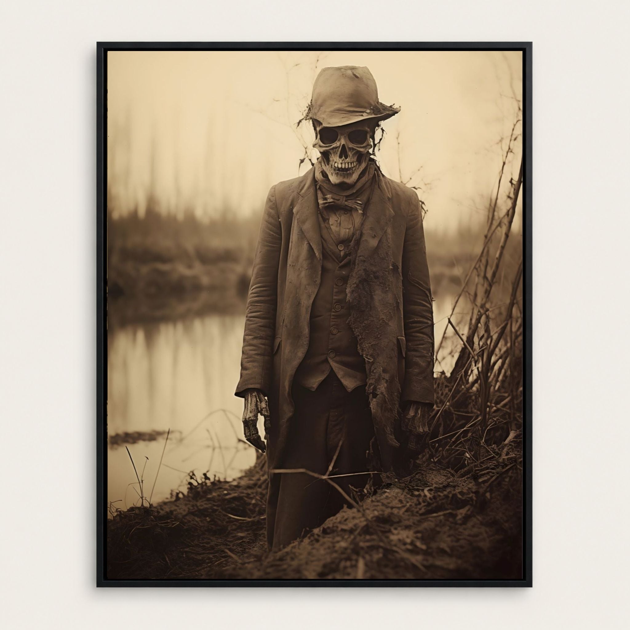 Victorian gothic artwork of a skeleton in formal attire by a body of water.