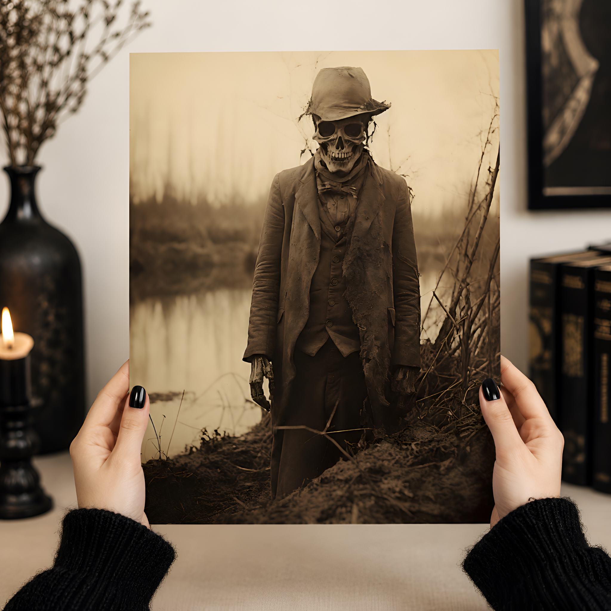 Skeleton in a hat and coat coming out of the marsh by a body of water.