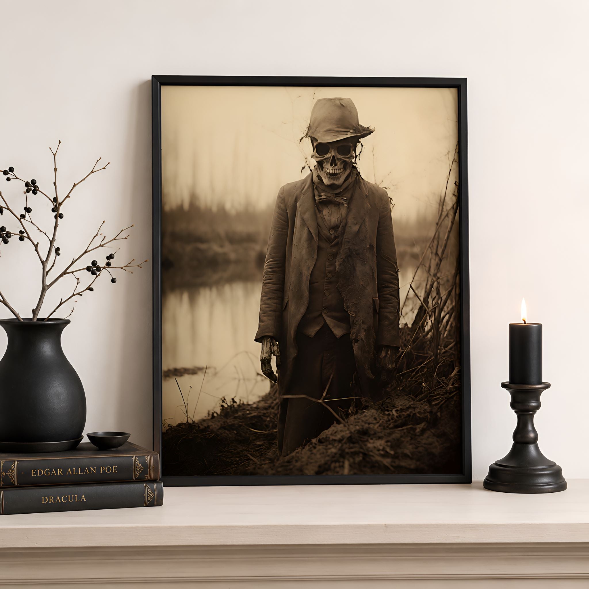 Framed gothic artwork of a skeleton in a hat by a lake on a shelf with books and a candle.