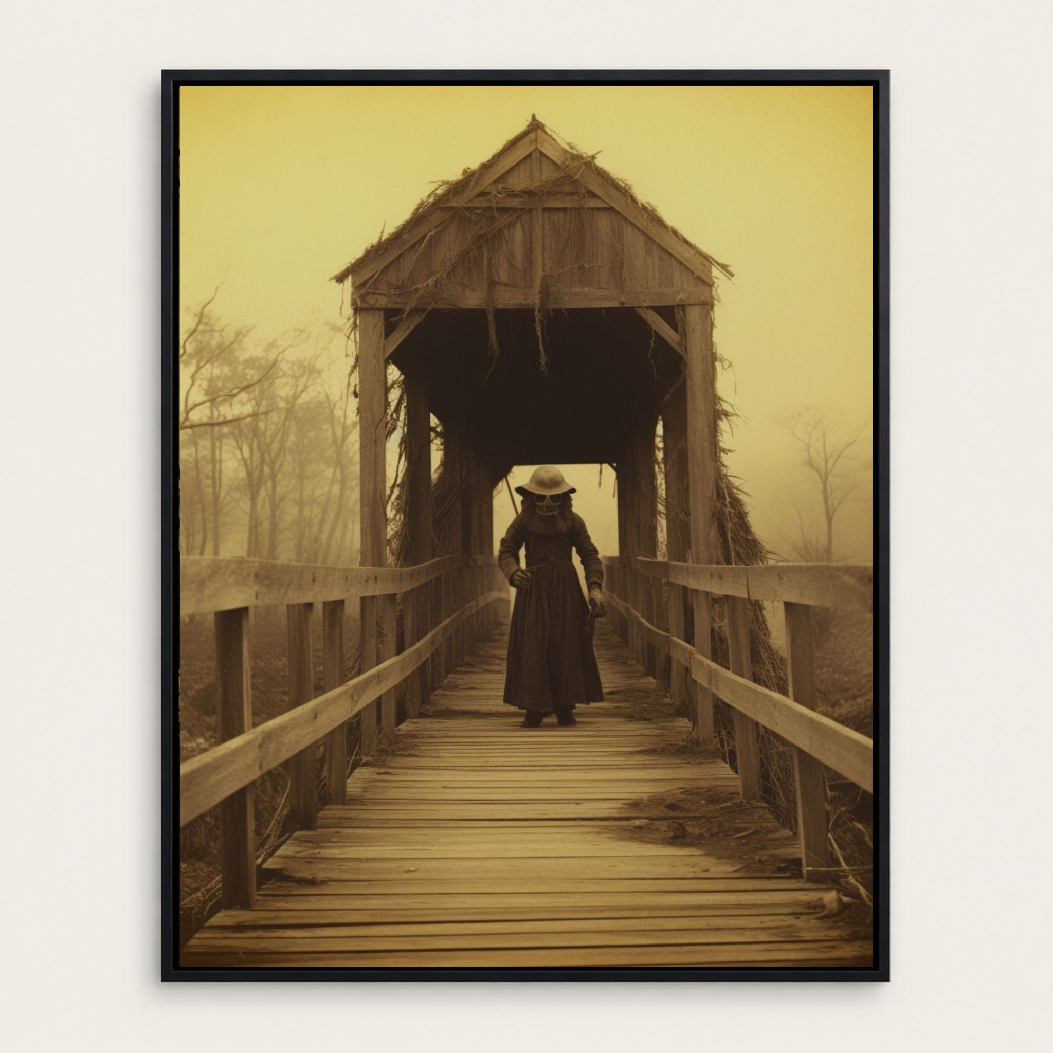 Masked person walking on a wooden bridge in a sepia-toned horror photograph.