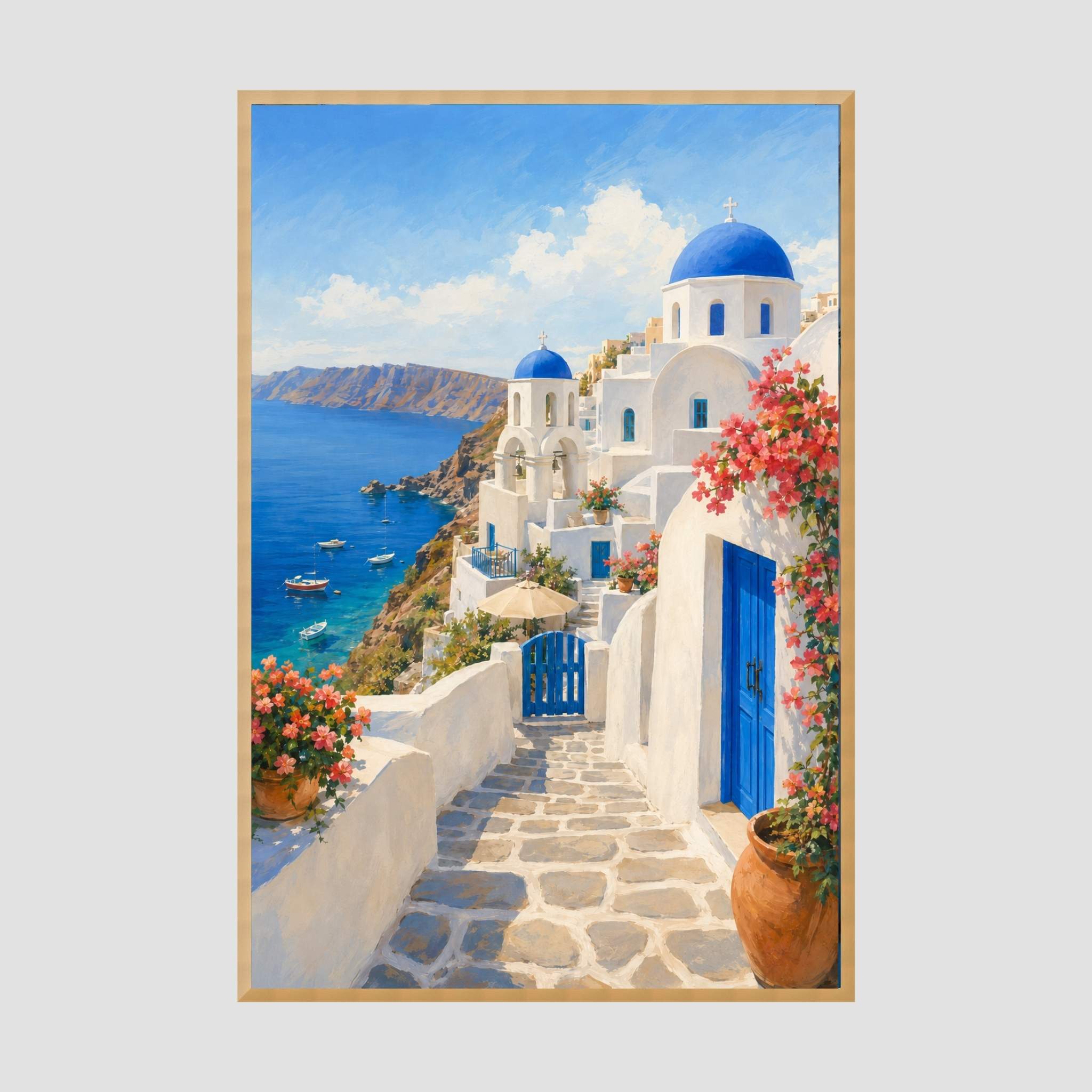 Framed Mediterranean island Santorini artwork with white buildings, blue doors, and flowers.
