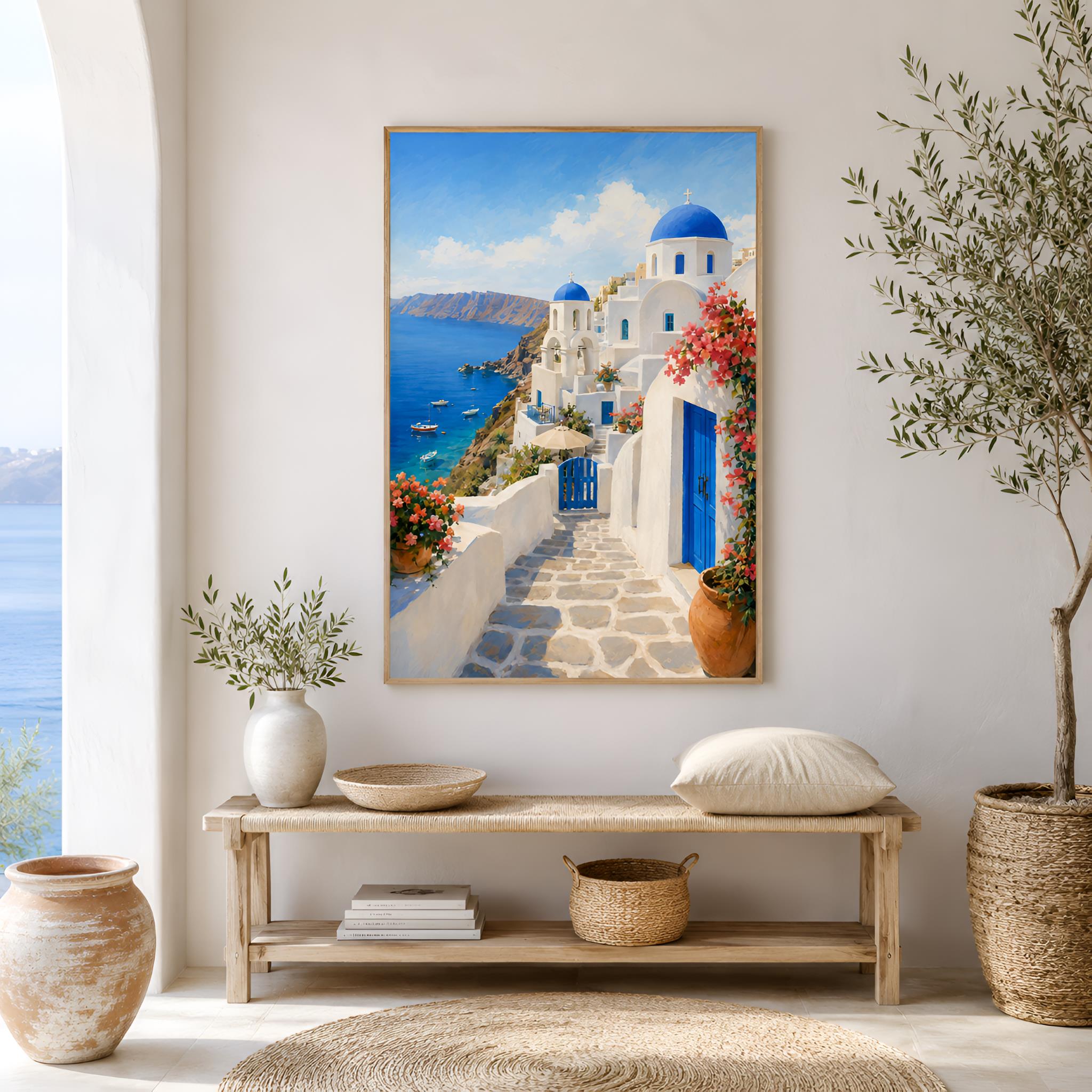 Mediterranean wall art showing the Greek Island of Santorini with white villas along the coastline.