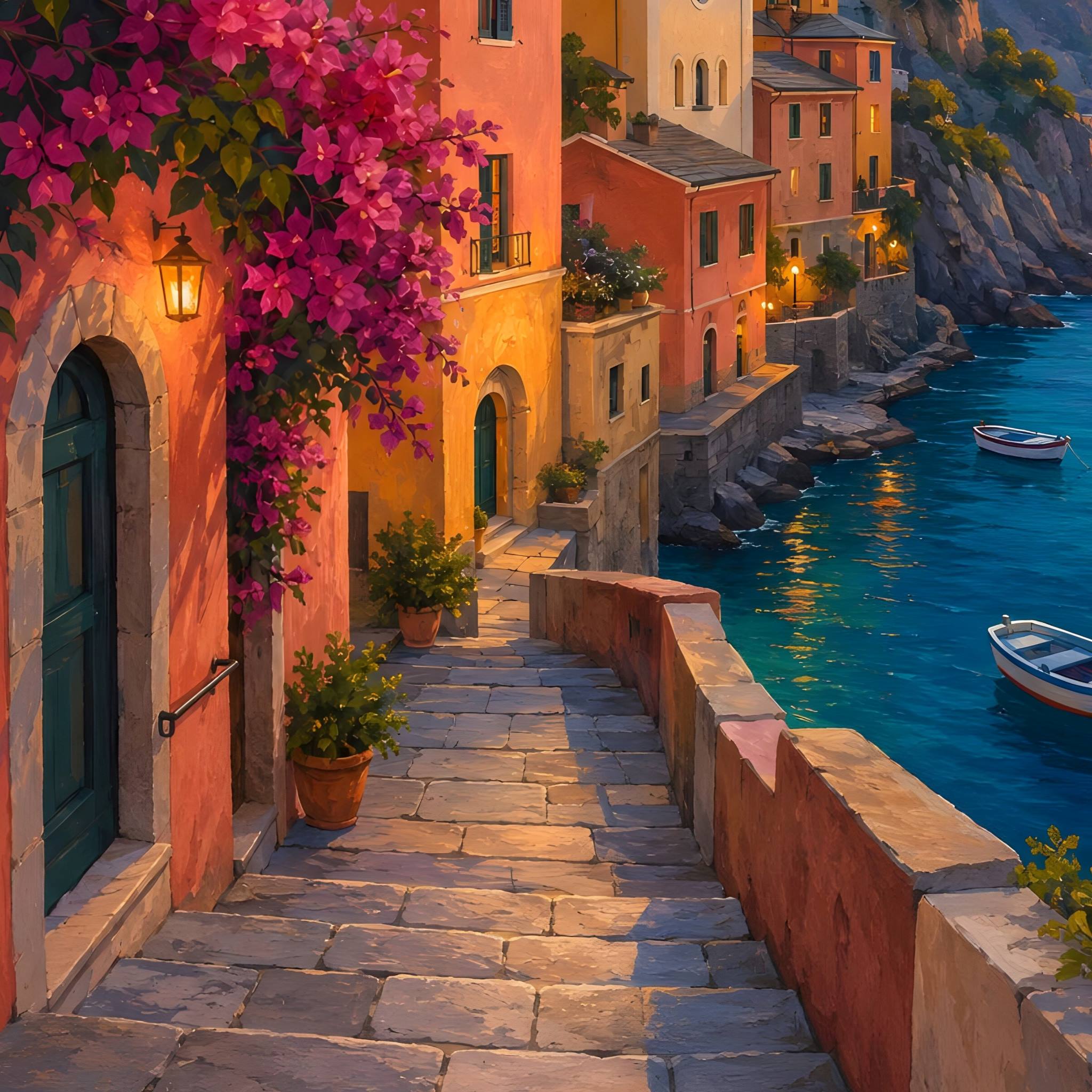 Closeup of artwork showing a cobbled street with pink flowers and buildings overlooking a blue sea with boats.