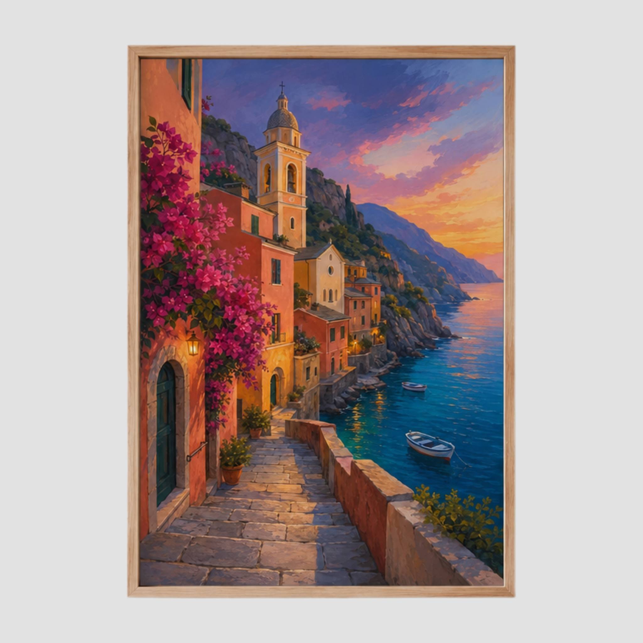 Coastal Italian framed artwork with colorful homes and mountain views.