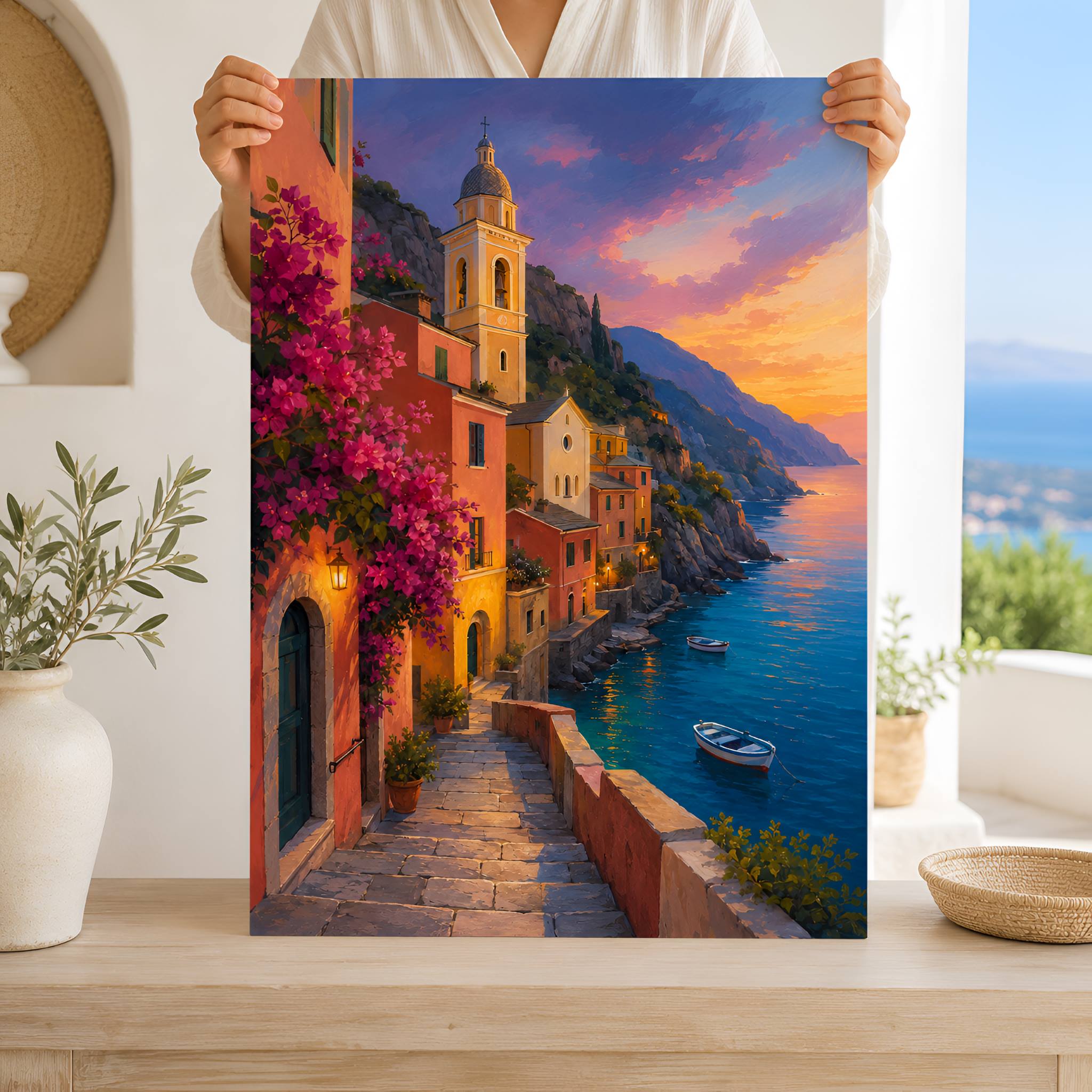 Person holding a scenic coastal Italian print with a village during a sunset.