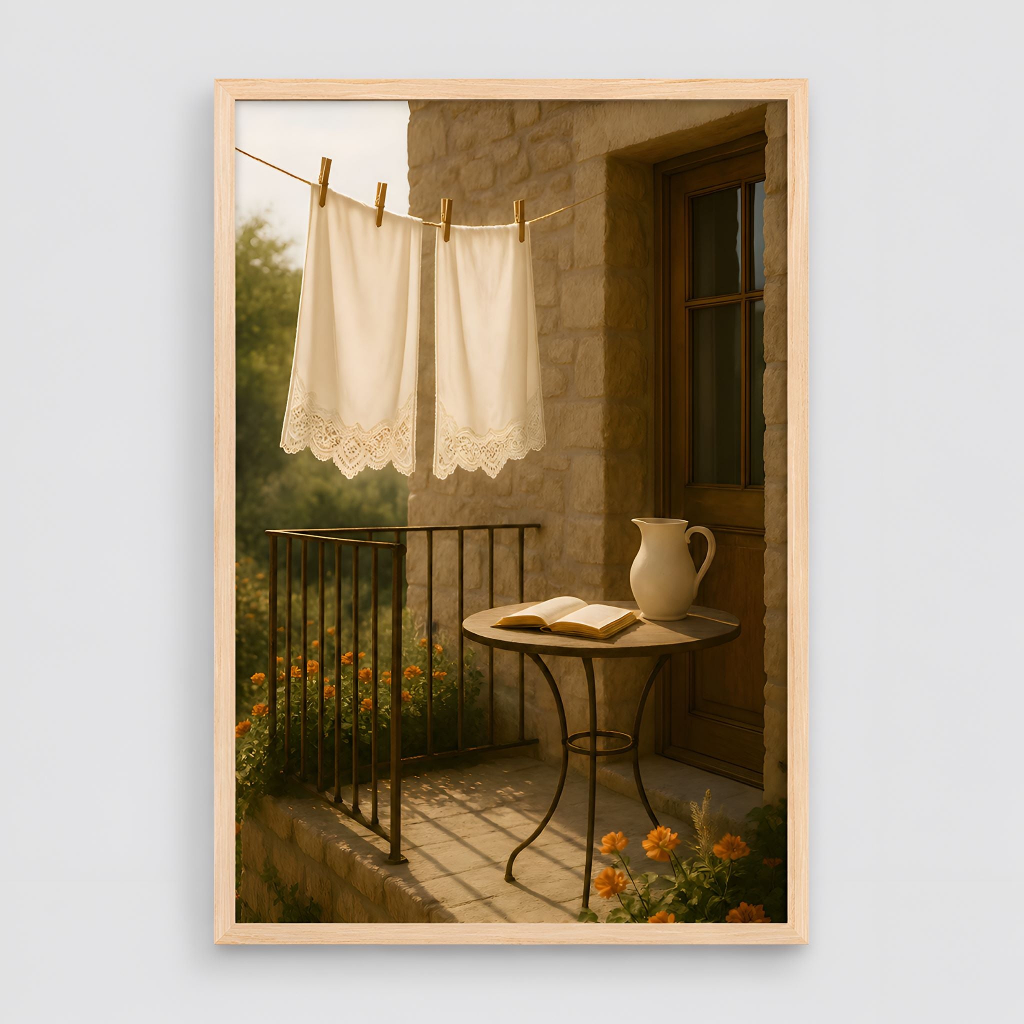 A nostalgic, cozy framed art print capturing Mediterranean slow living. The scene features a stone house balcony at golden hour. Delicate white lace linens sway on a clothesline. 