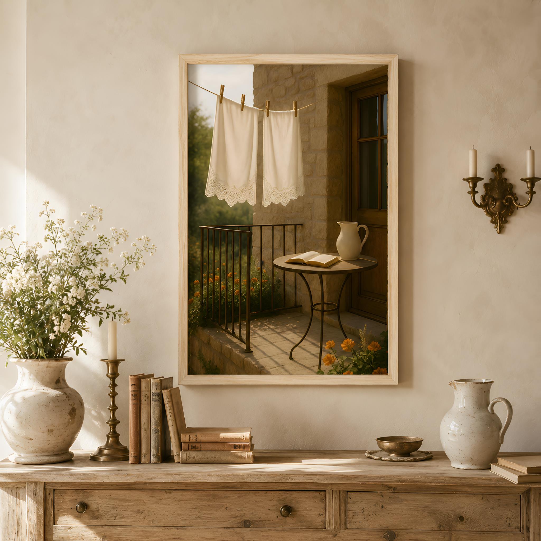 A framed art print hanging on a cottage wall showing a sun-drenched stone patio bathed in warm golden light. 