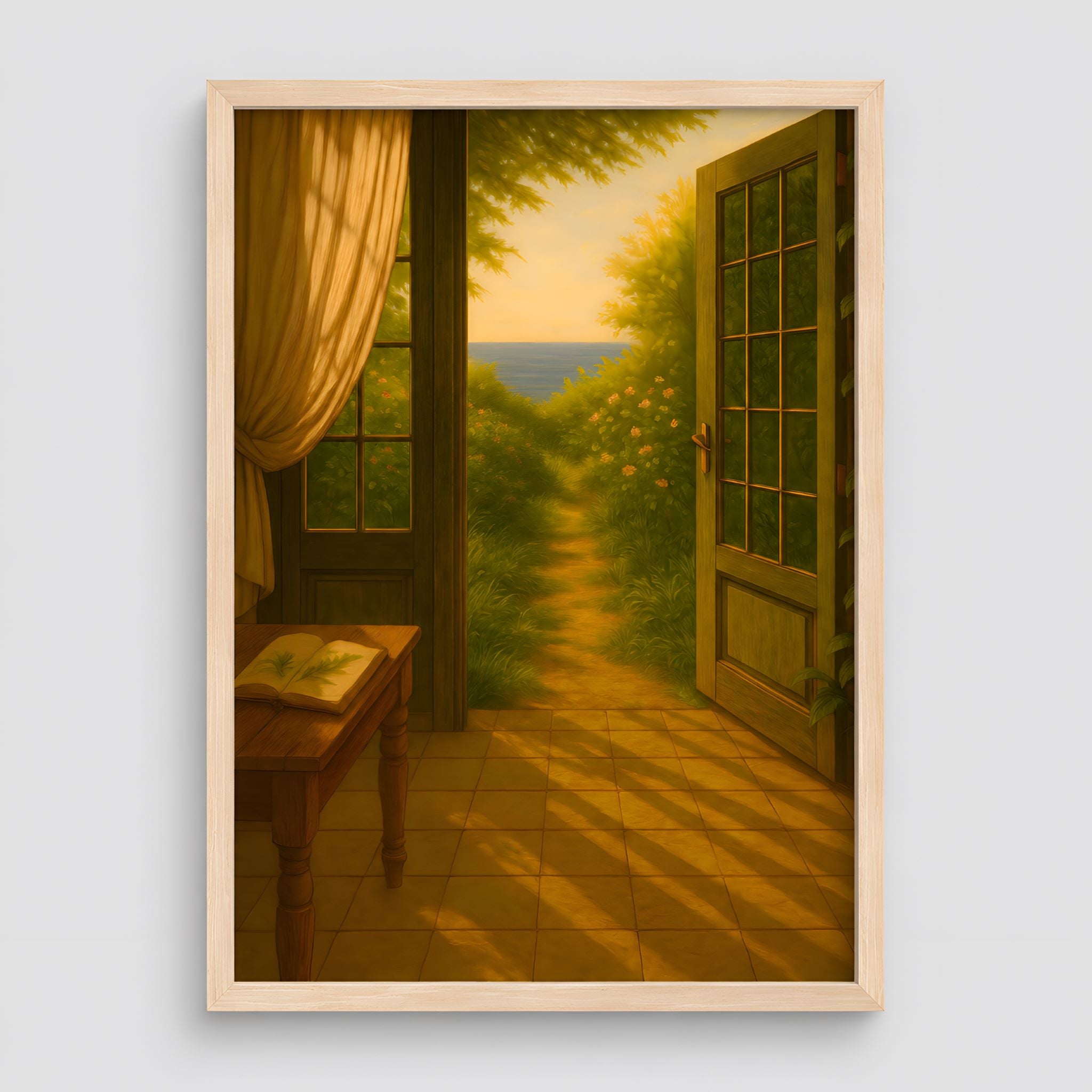 Framed cottage artwork of a room with an open door leading to a garden view.