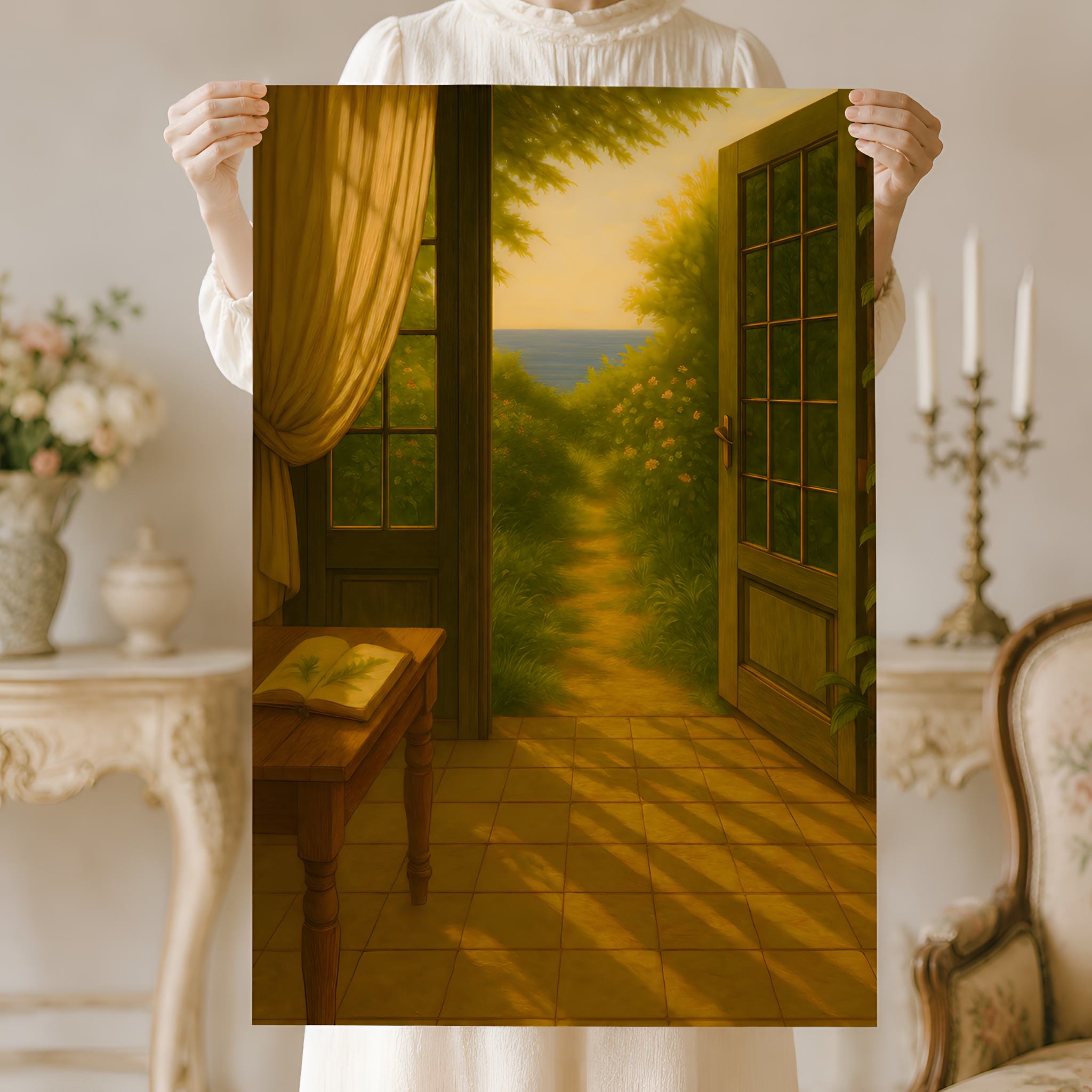 Person holding a painting of a sunlit room with an open garden doorway leading to a garden.