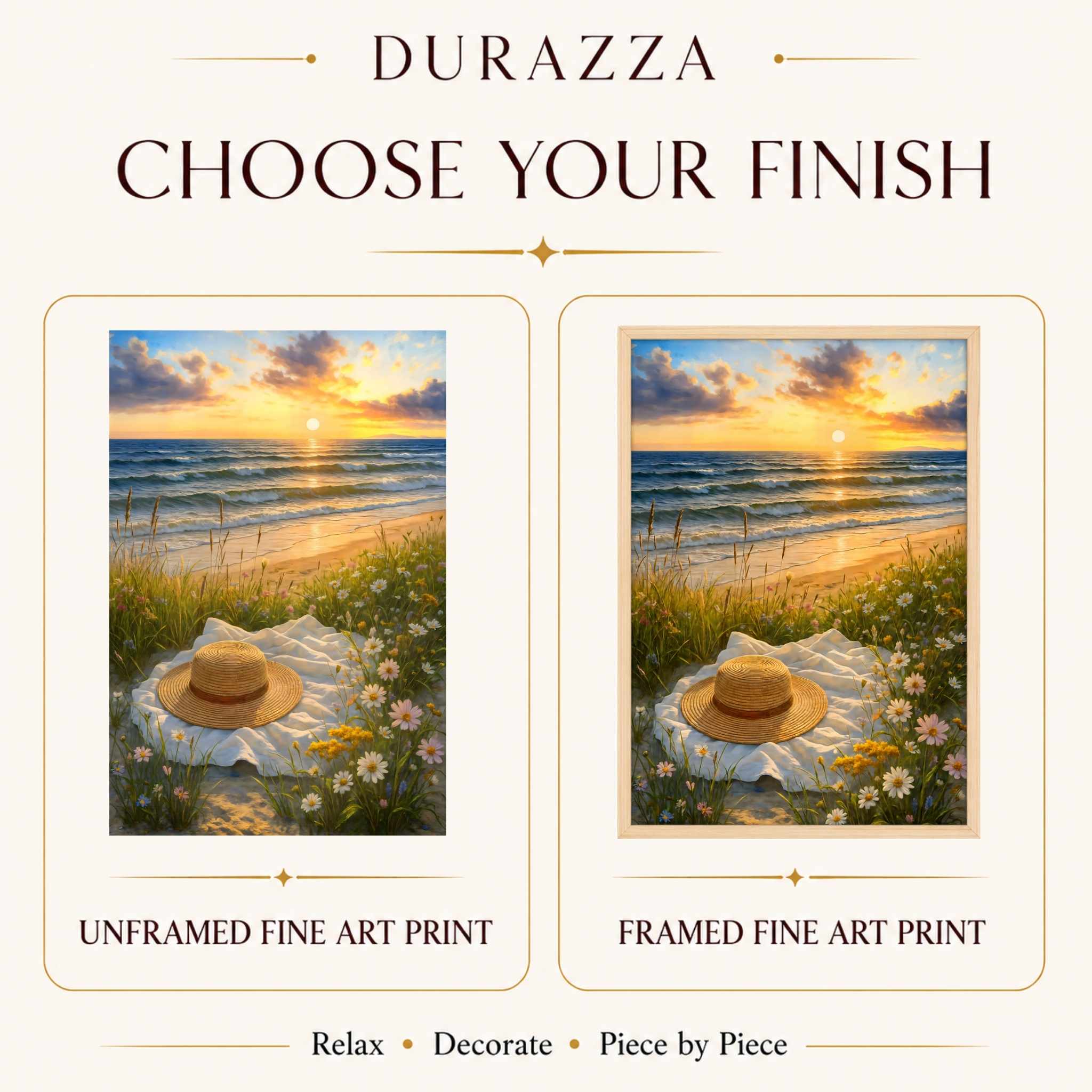 Comparison of unframed and framed fine art prints by Durazza with a scenic beach sunset and hat.