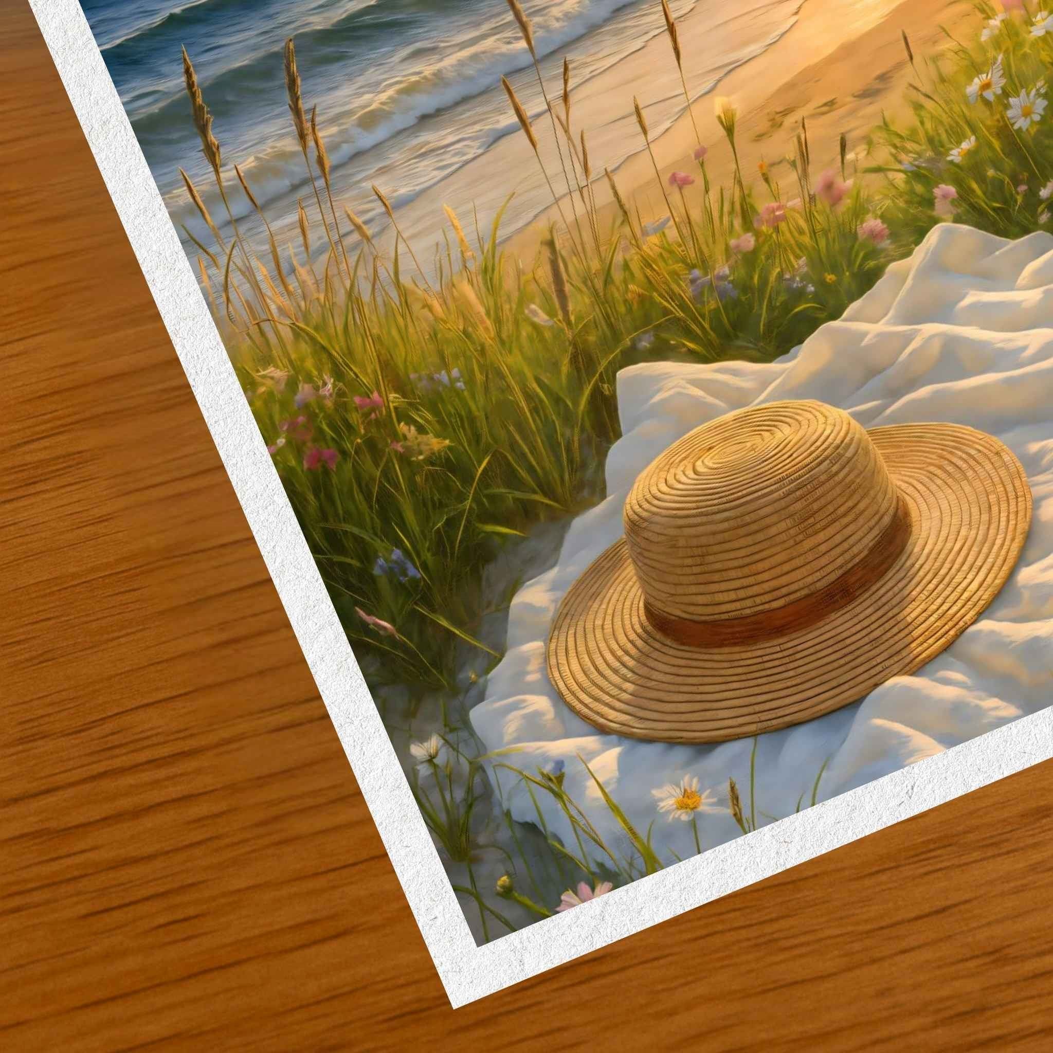 A closeup of a fine art print featuring a straw hat on a blanket with beach and flowers in the background