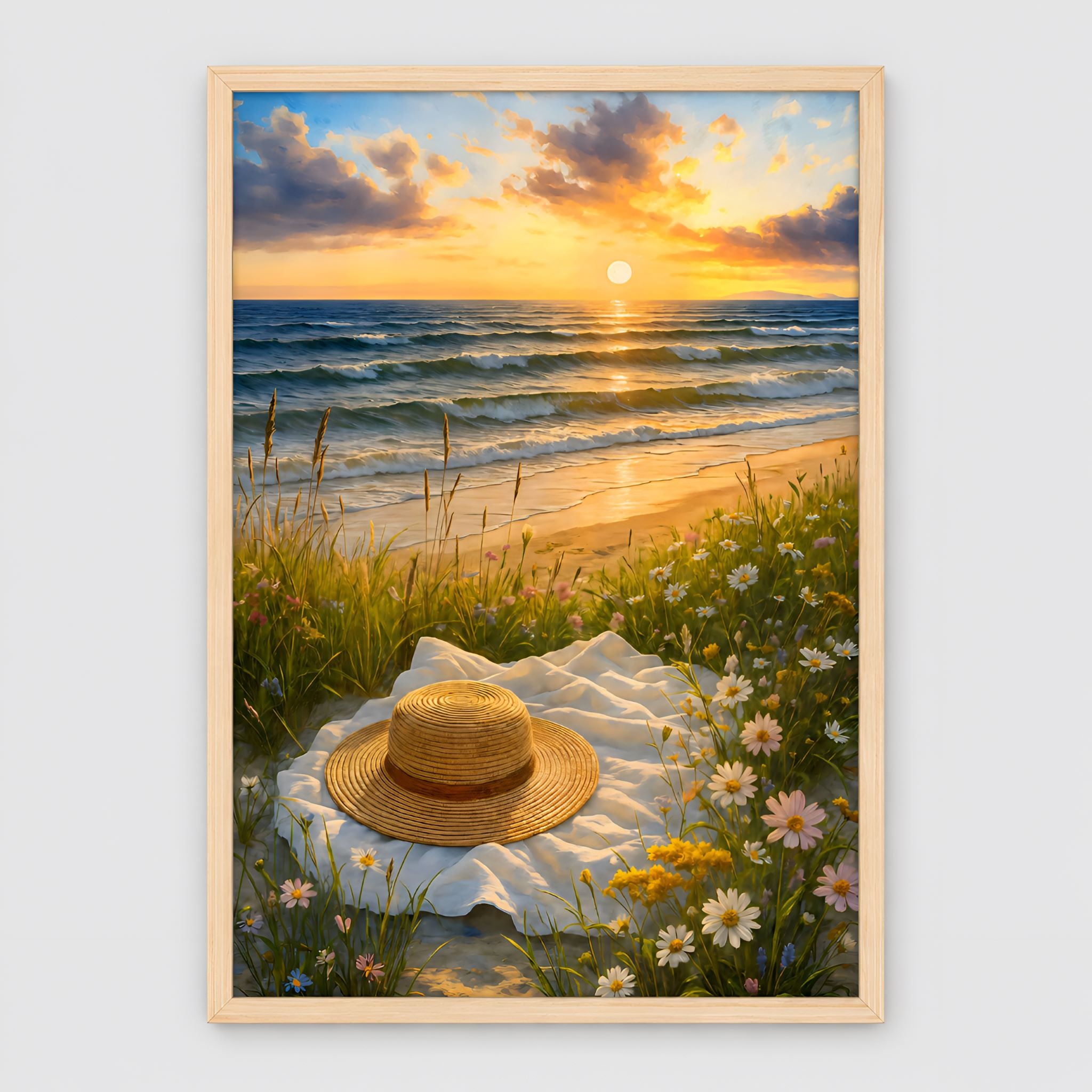An art print of a sun-drenched beach at sunset with a straw sunhat resting on a white blanket in the foreground. The picnic blanket is nestled among tall coastal beach grass and blooming white and yellow wild daisies. Gentle ocean waves roll onto the sandy shoreline under a vibrant orange and blue sky as the sun dips below the horizon.