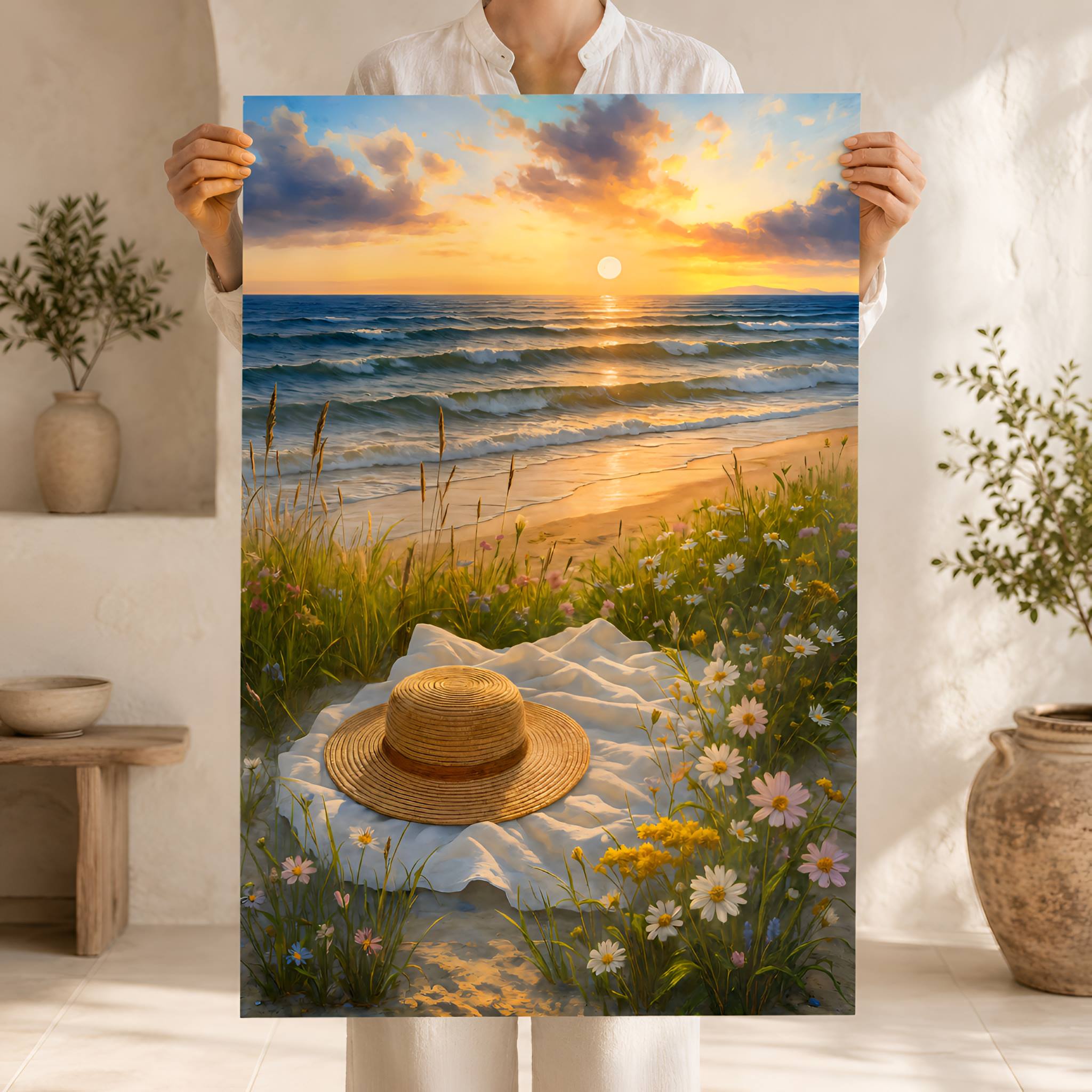 Person holding a painting of a sunset beach scene with a blanket and straw hat on the ground in between flowers.
