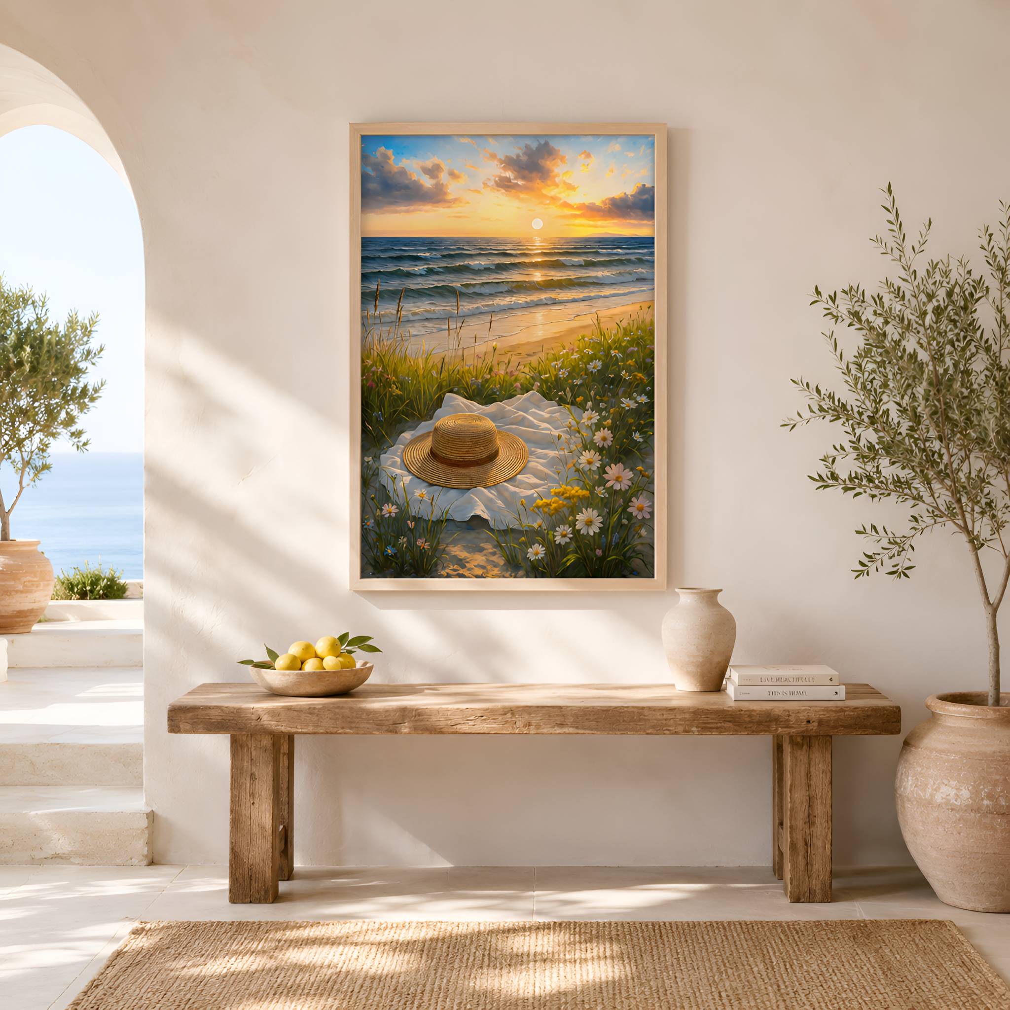 A framed wall art print of a sun-drenched beach at sunset with a straw sunhat resting on a white blanket in the foreground. The art is hanging on a coastal Mediterranean homes foyer wall over a bench.