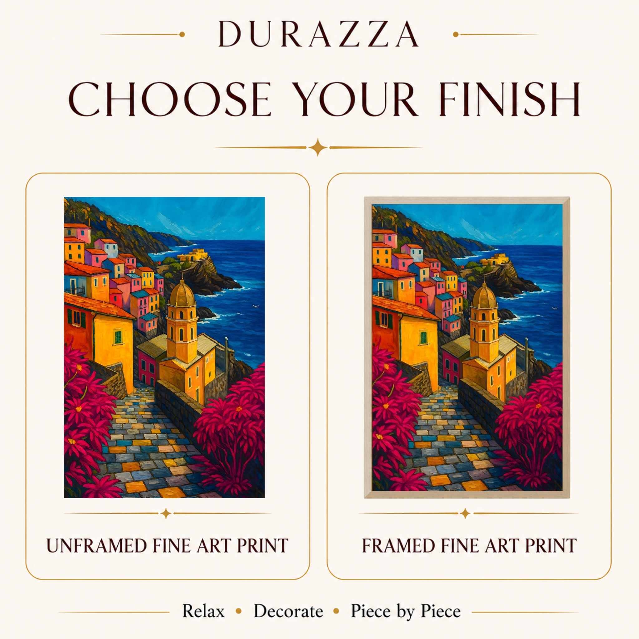 Promotional graphic for Durazza art prints with two styles: unframed and framed.