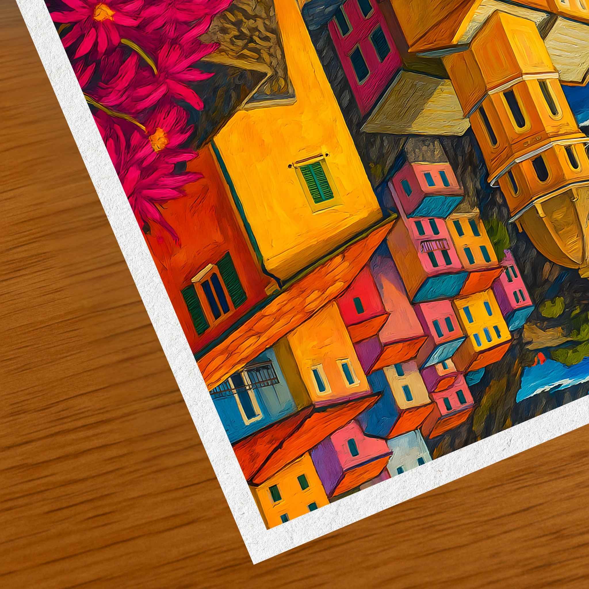 Colorful painting of an Italian village scene on a wooden surface