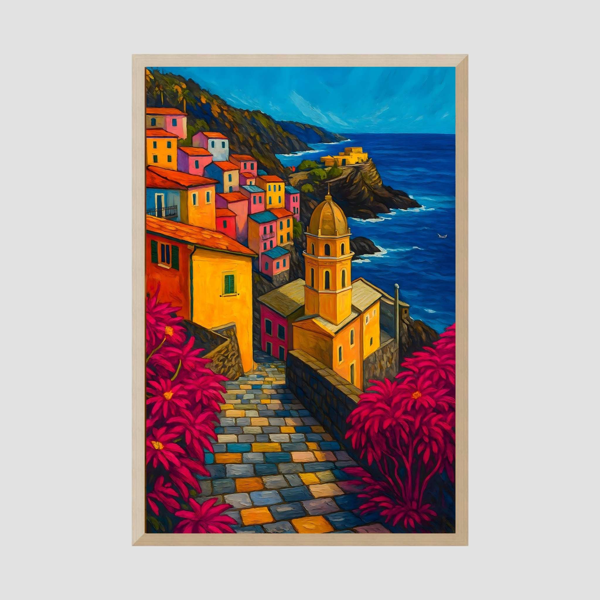 Colorful Italian painting of a coastal village with a bell tower, surrounded by pink flowers on a white background.