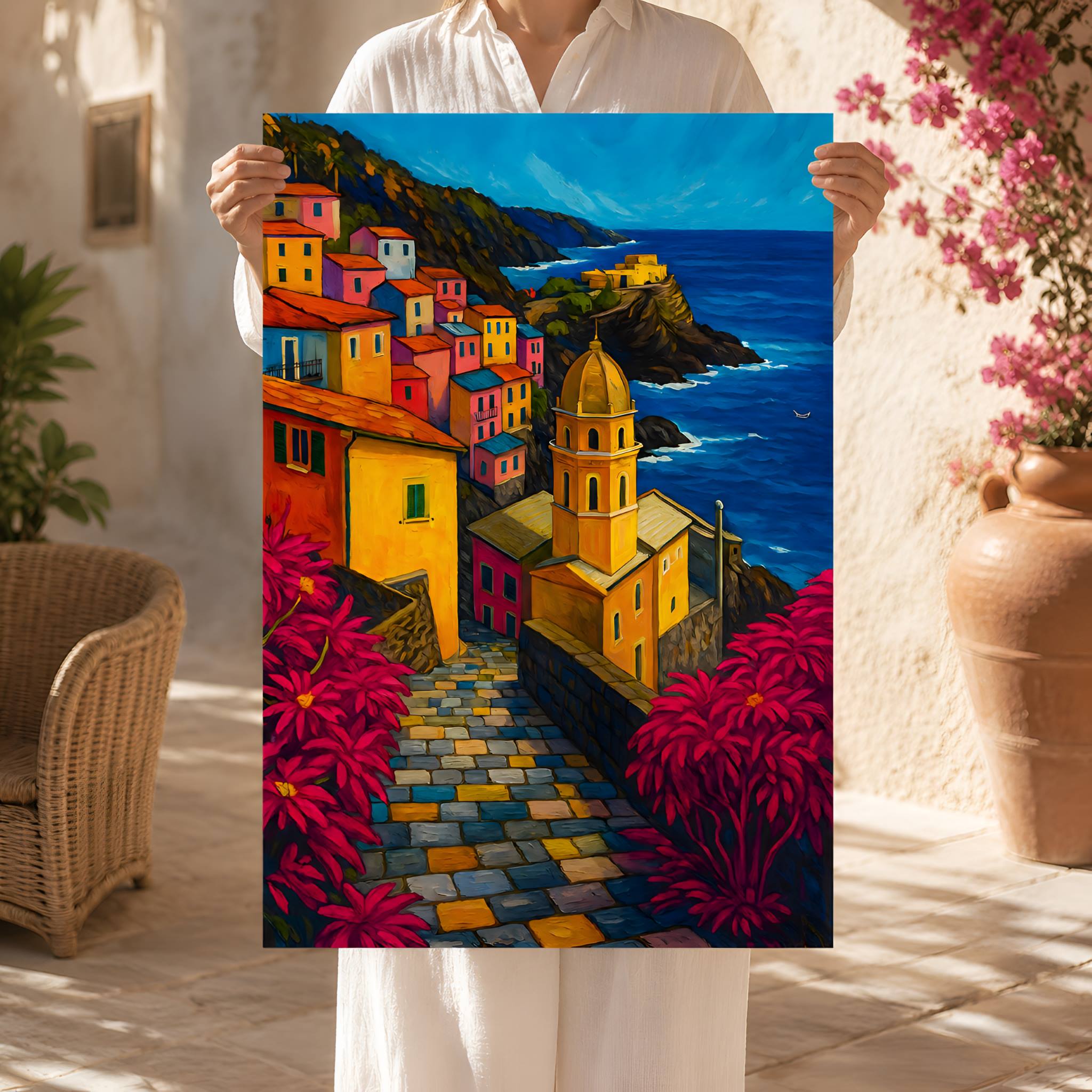 Person holding a colorful Mediterranean painting of an Italian coastal town with houses and a church tower. 