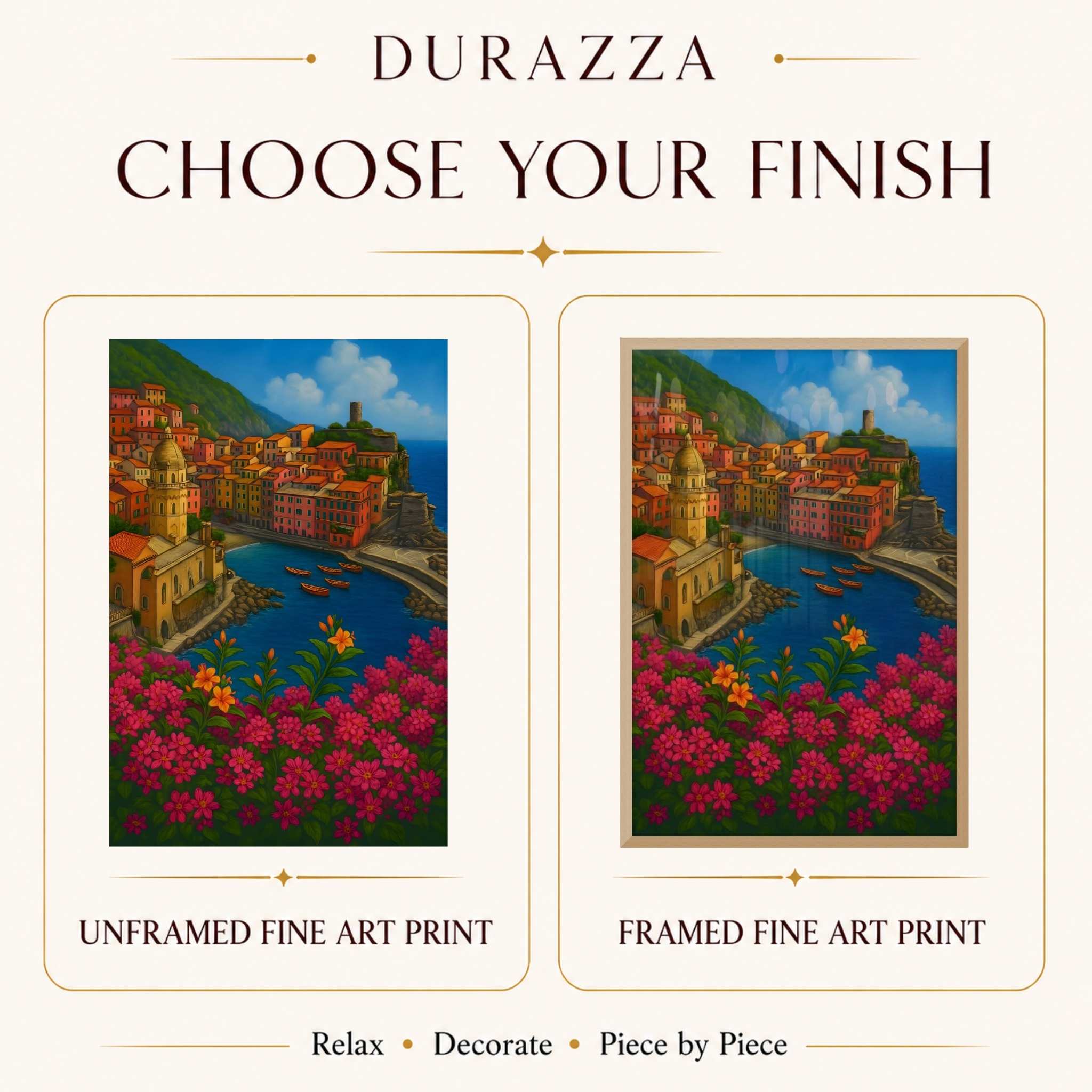Promotional image for Durazza fine art prints with unframed and framed options of a coastal scene.