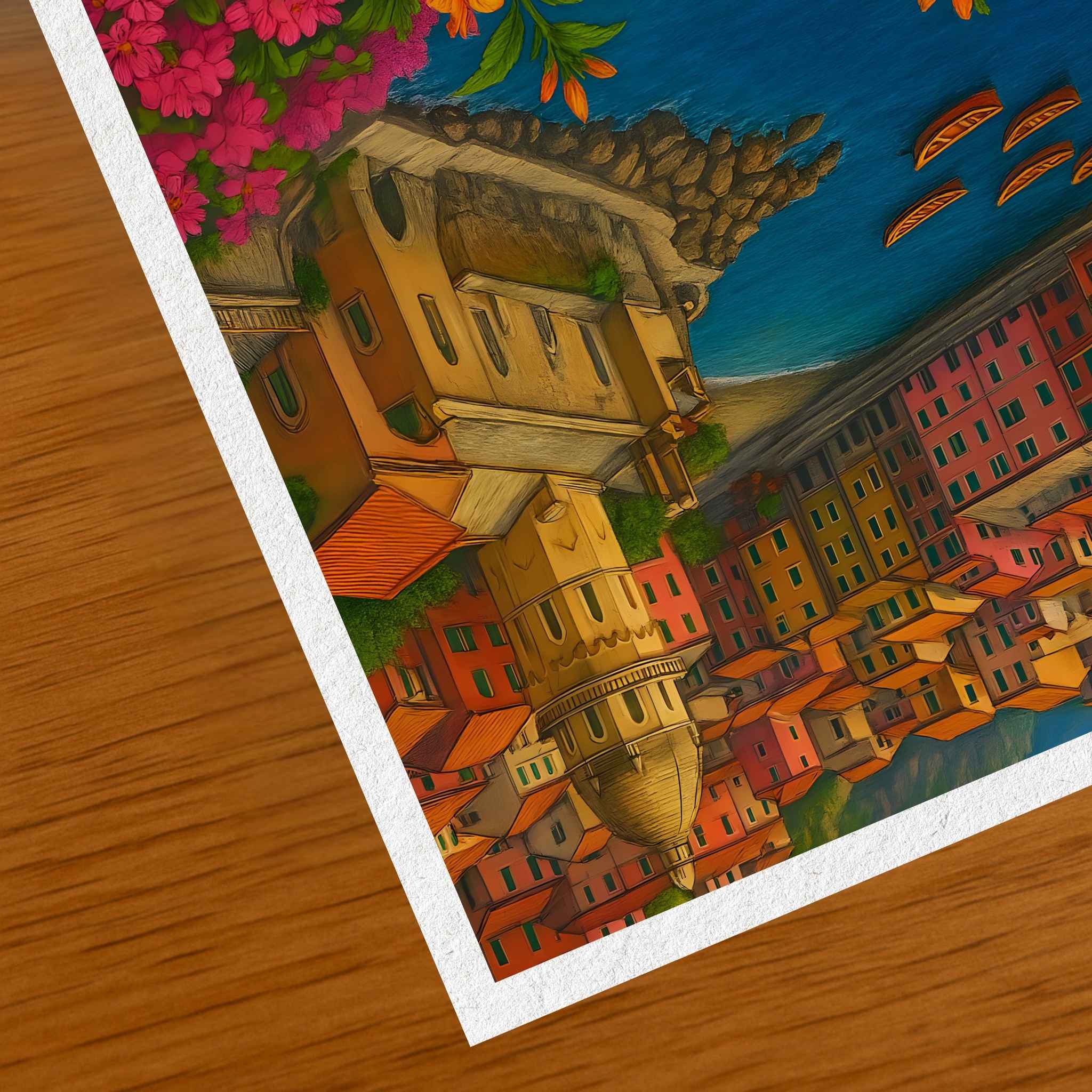 Closeup of fine art showing Amalfi coastal buildings in bright and bold colors.