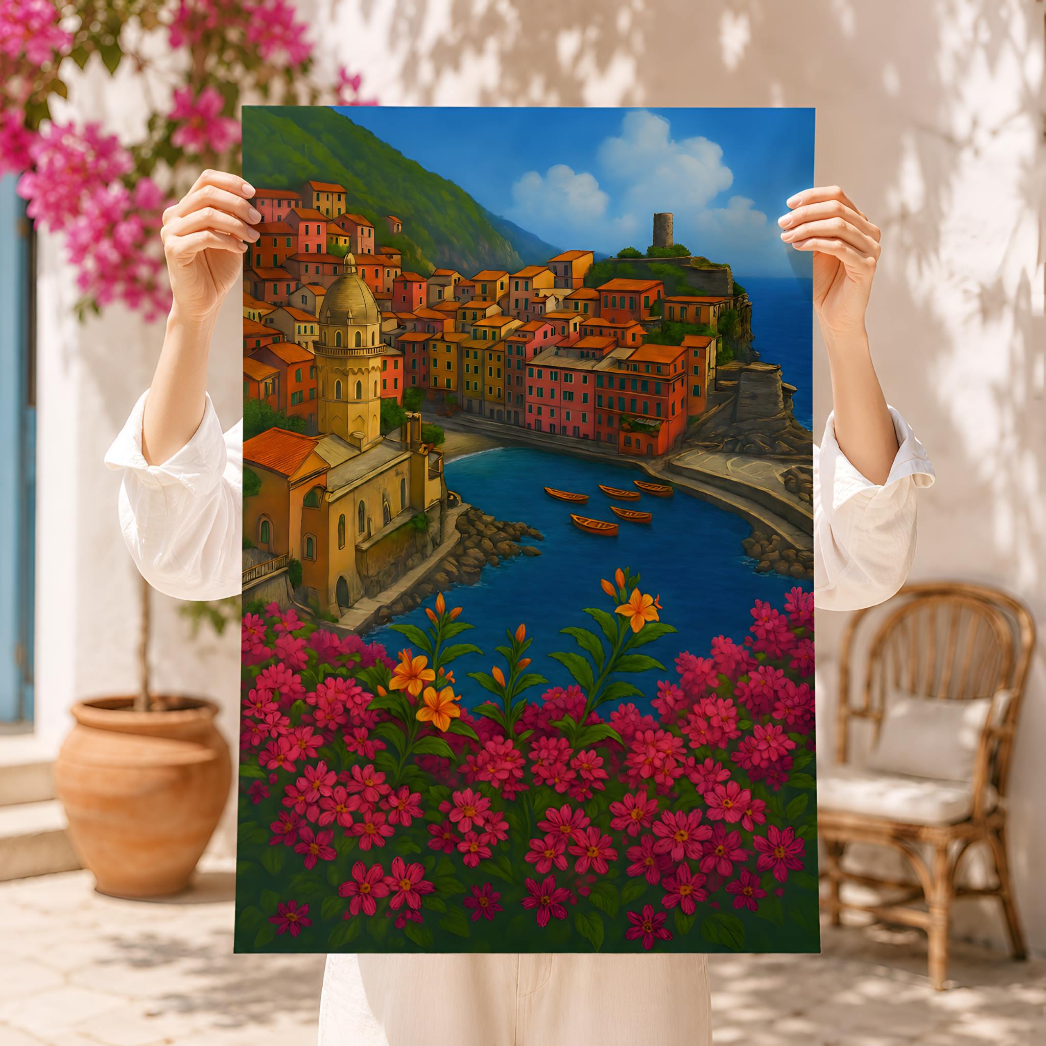 Person holding a bright and colorful Italian Amalfi Coast painting of a colorful coastal town with boats and flowers.