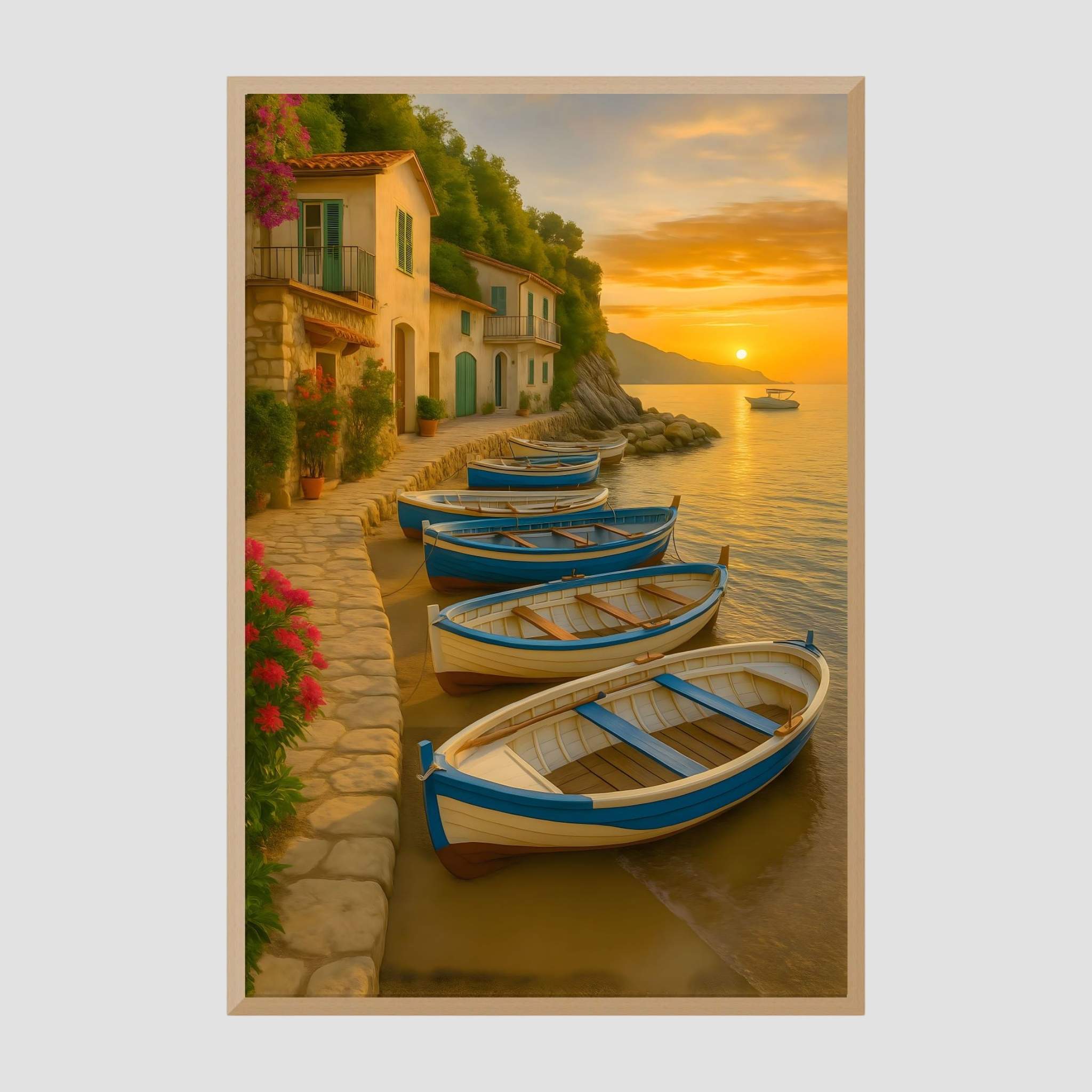 Italian coastal scene with boats on a dock at sunset, framed artwork.