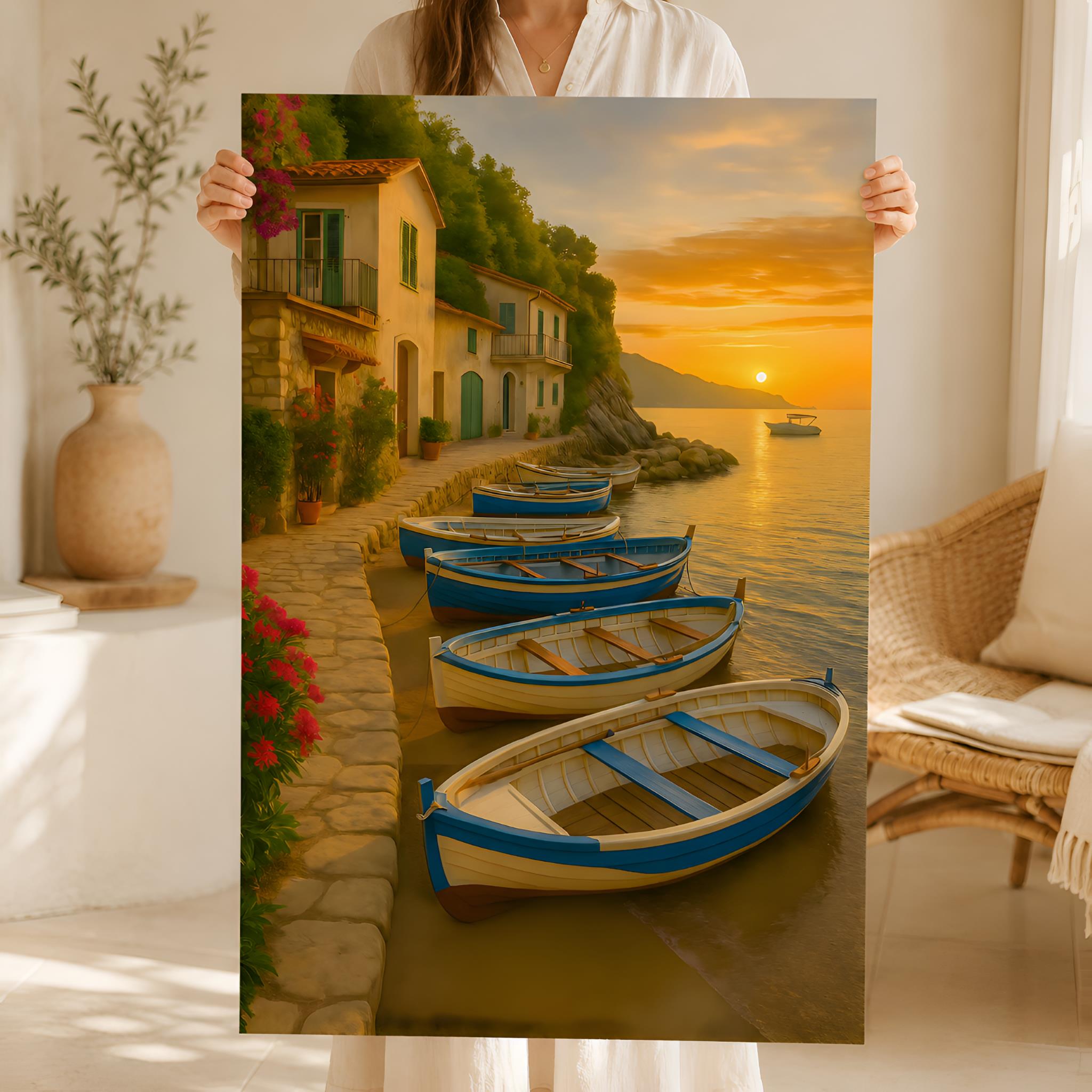 Person holding a painting of an Italian coastal scene with wooden boats and a sunset.