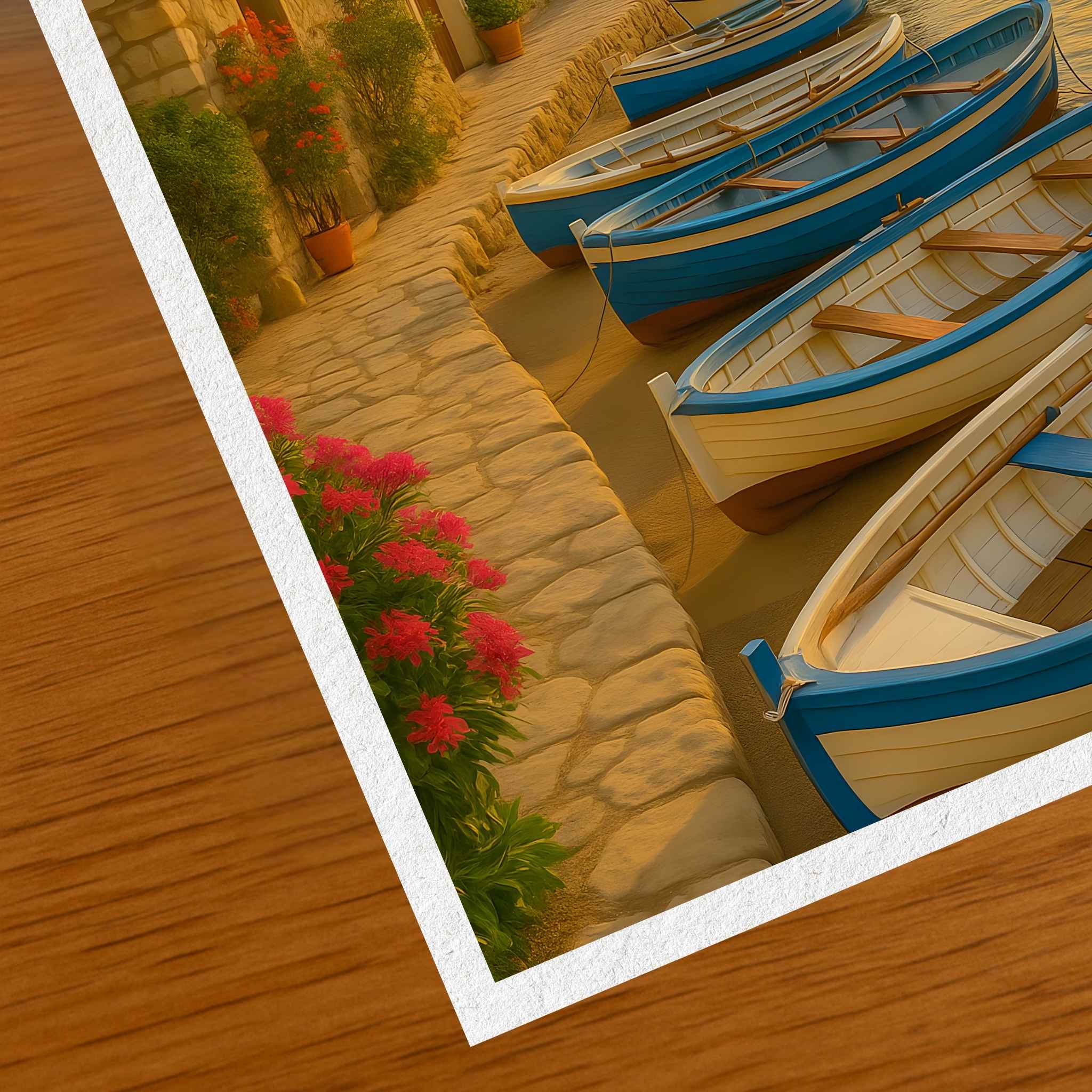 Close-up of a fine art print featuring a row of boats along a stone wall with flowers in a coastal setting