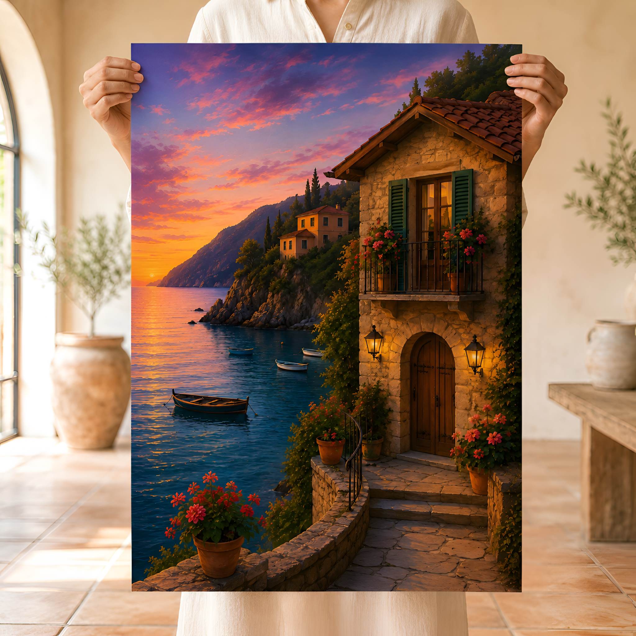 Unframed Amalfi Coast fine art print showing a sunset villa, blue sea, and small boats on textured paper.
