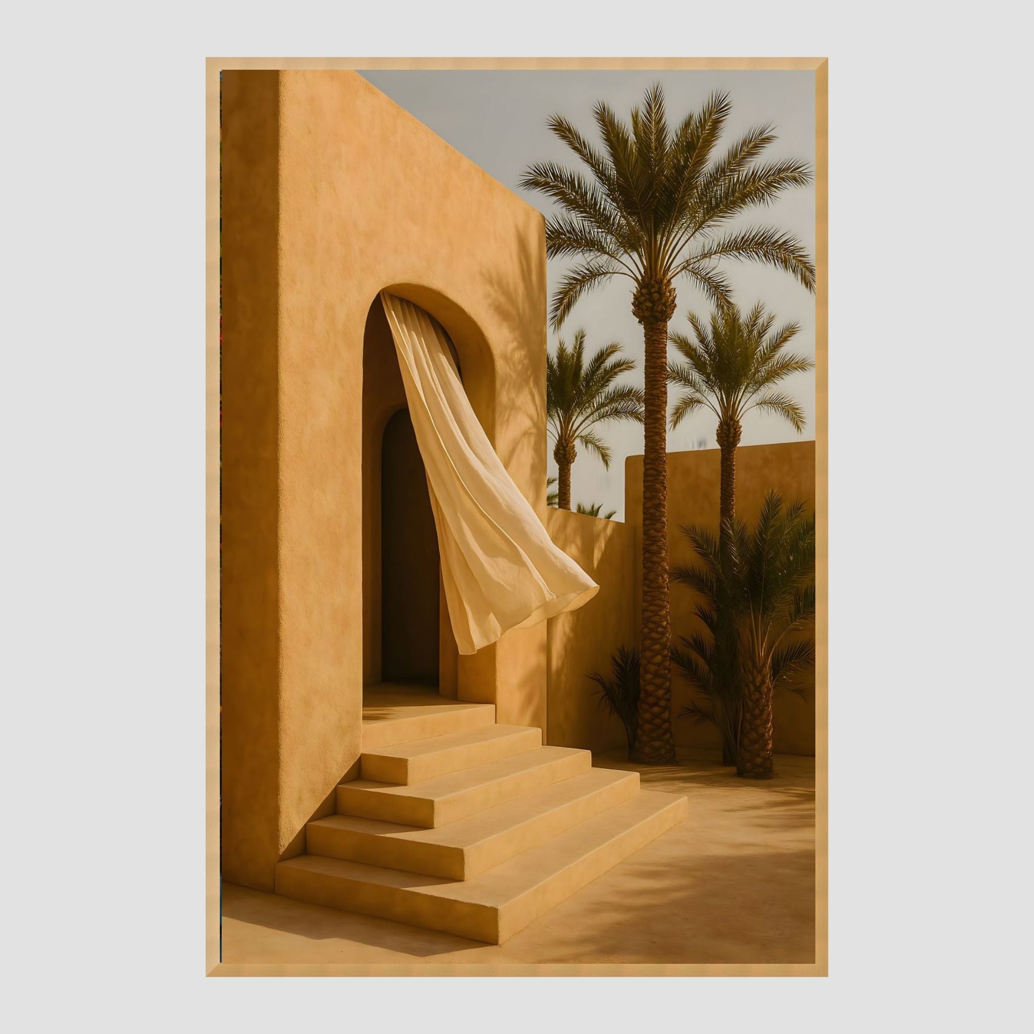 Moroccan architectural design with palm trees in the background in a framed natural wood art print.