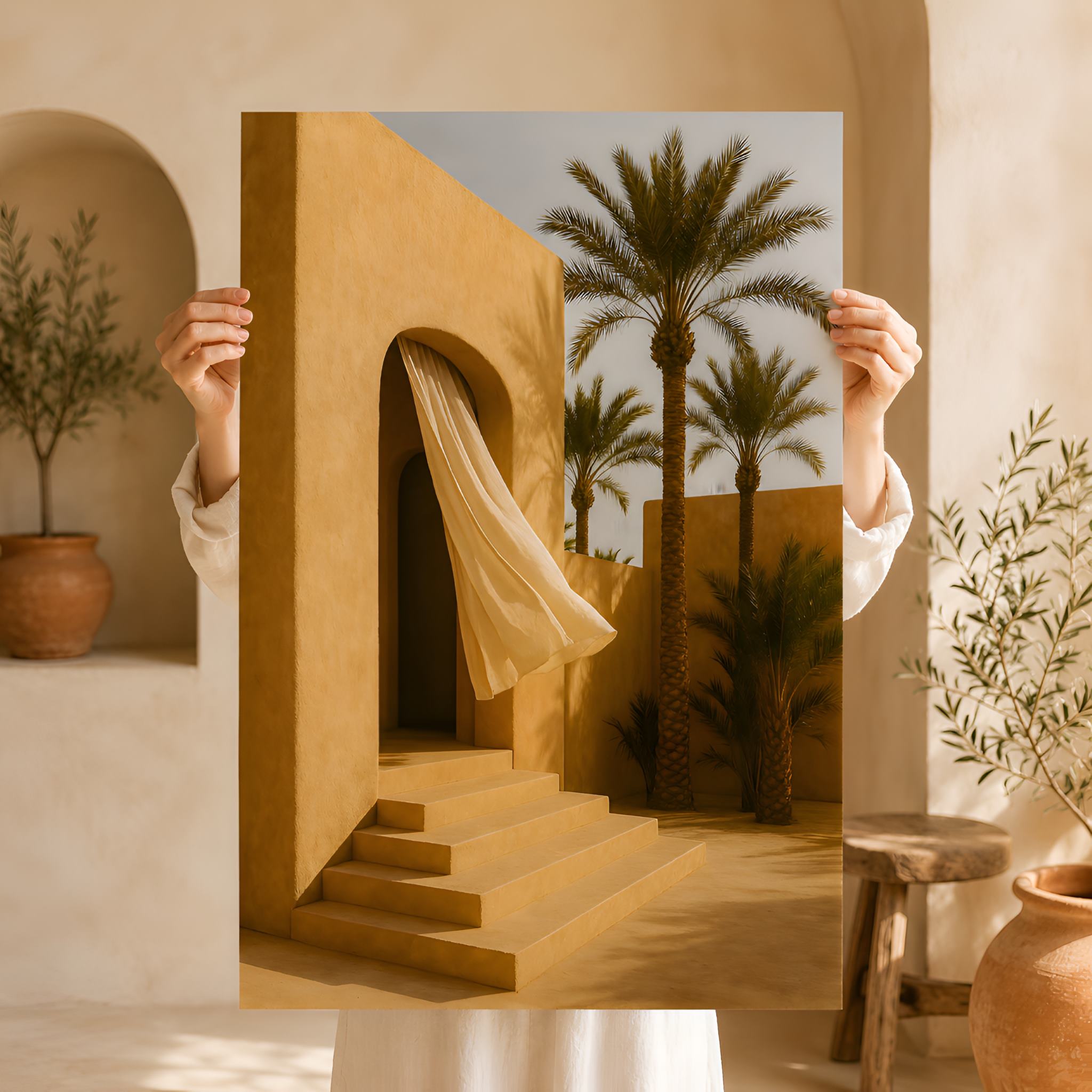 Person holding a photograph of palm trees in a North African desert setting with architectural elements.