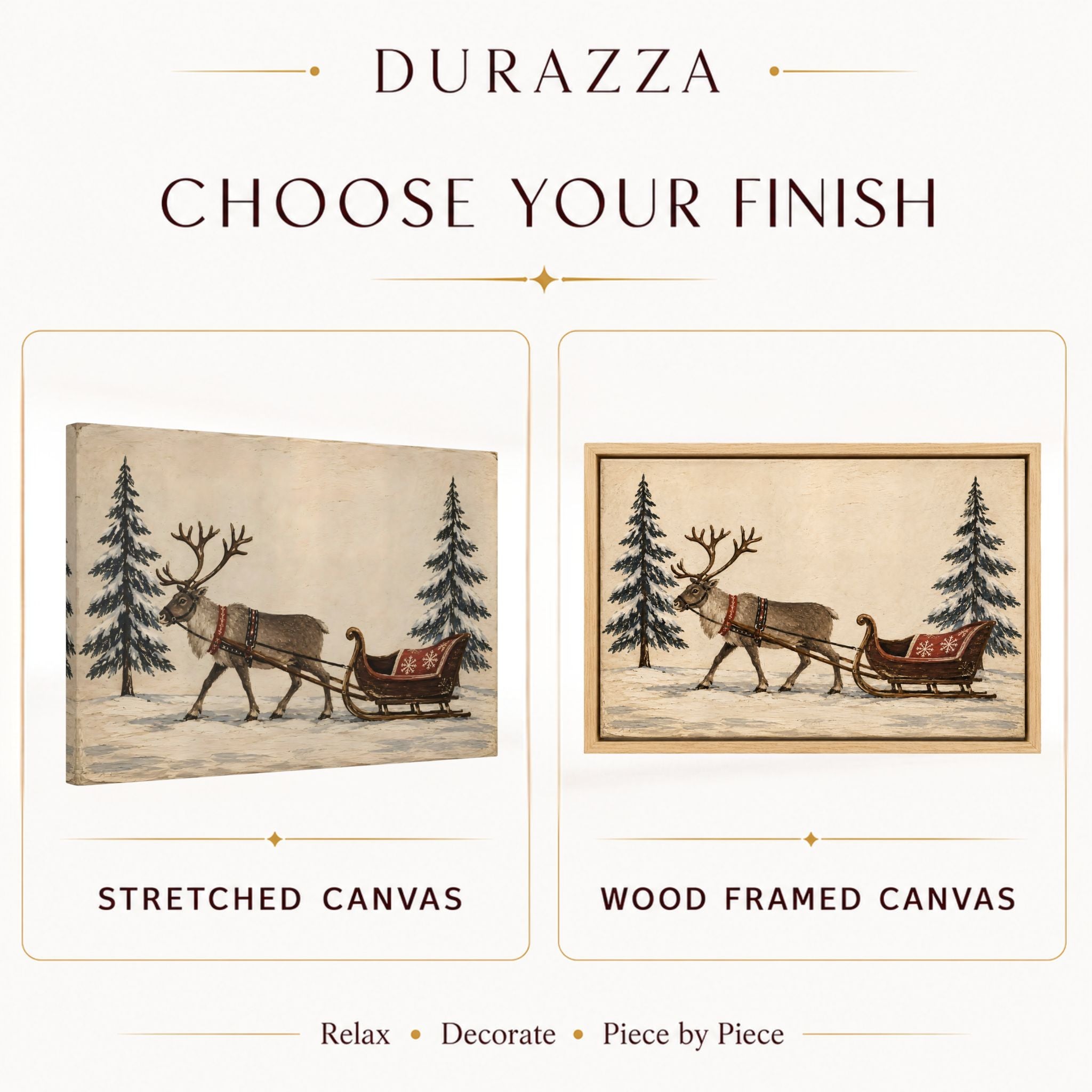 Vintage Reindeer Sleigh Canvas Art 24x16" | Winters Eve