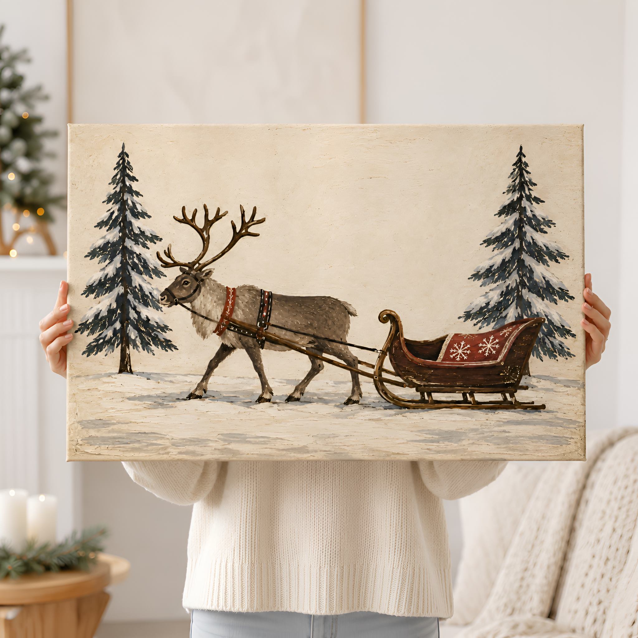 Vintage Reindeer Sleigh Canvas Art 24x16" | Winters Eve