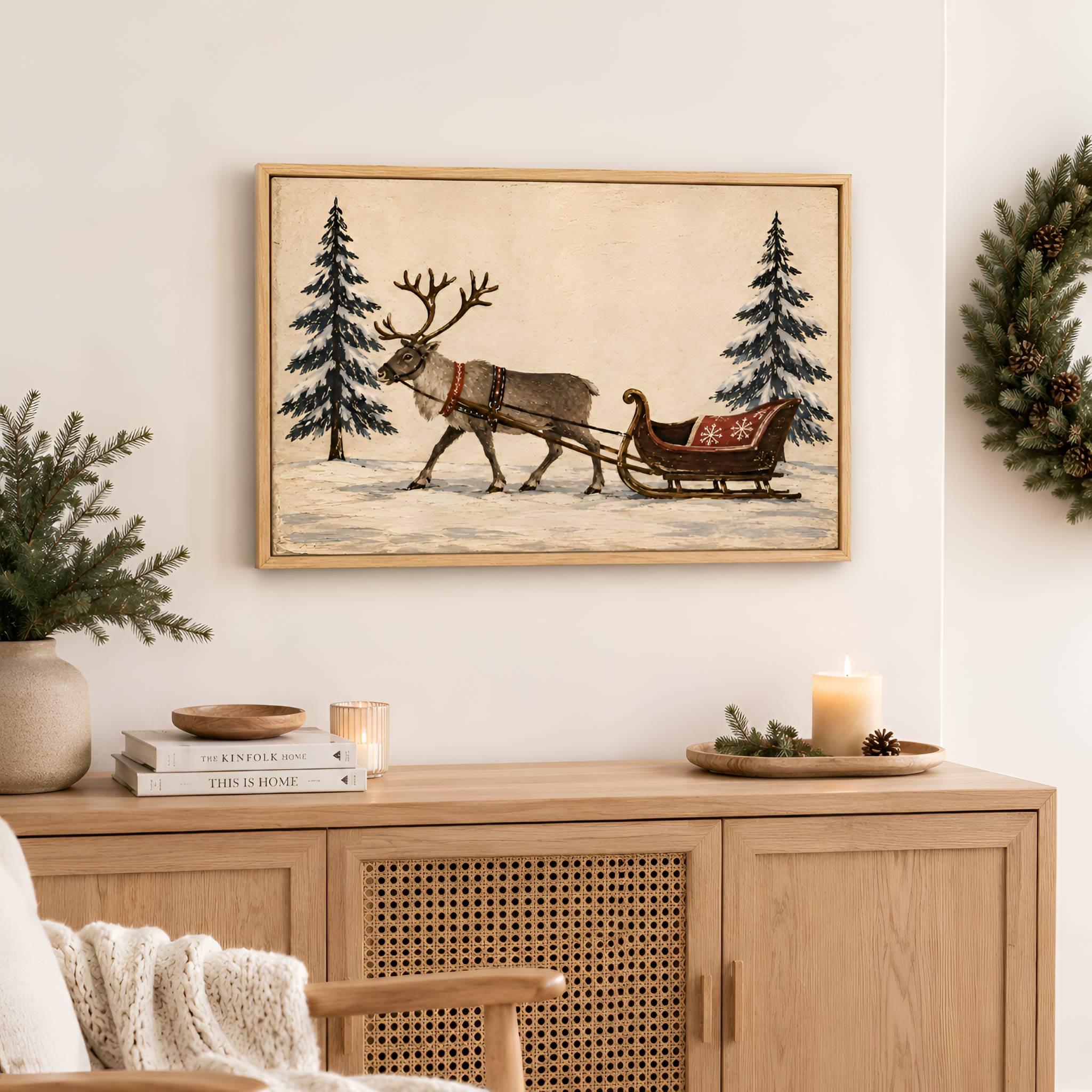 Vintage Reindeer Sleigh Canvas Art 24x16" | Winters Eve