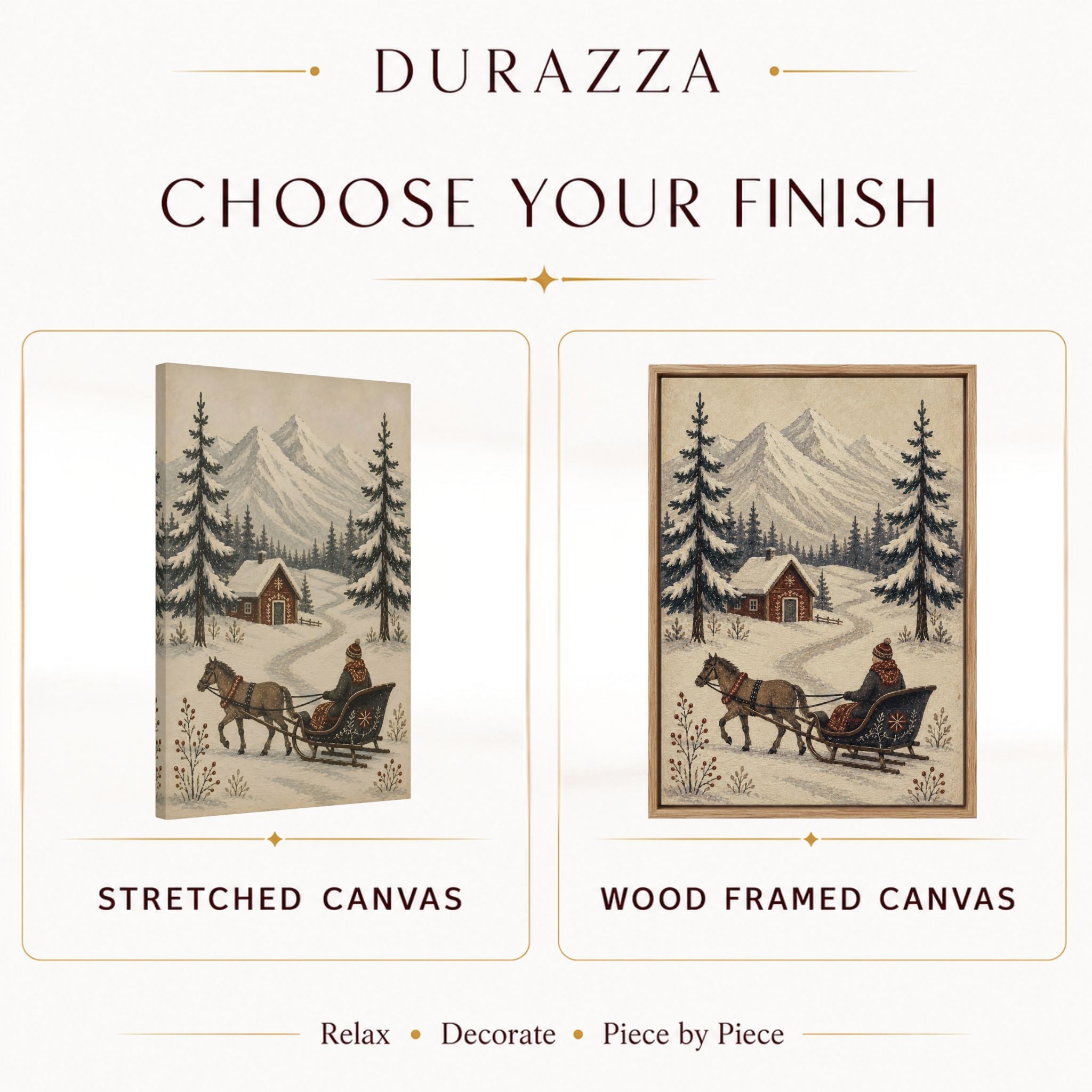 Product display of stretched canvas and wood framed canvas with winter scene design, featuring Durazza brand.