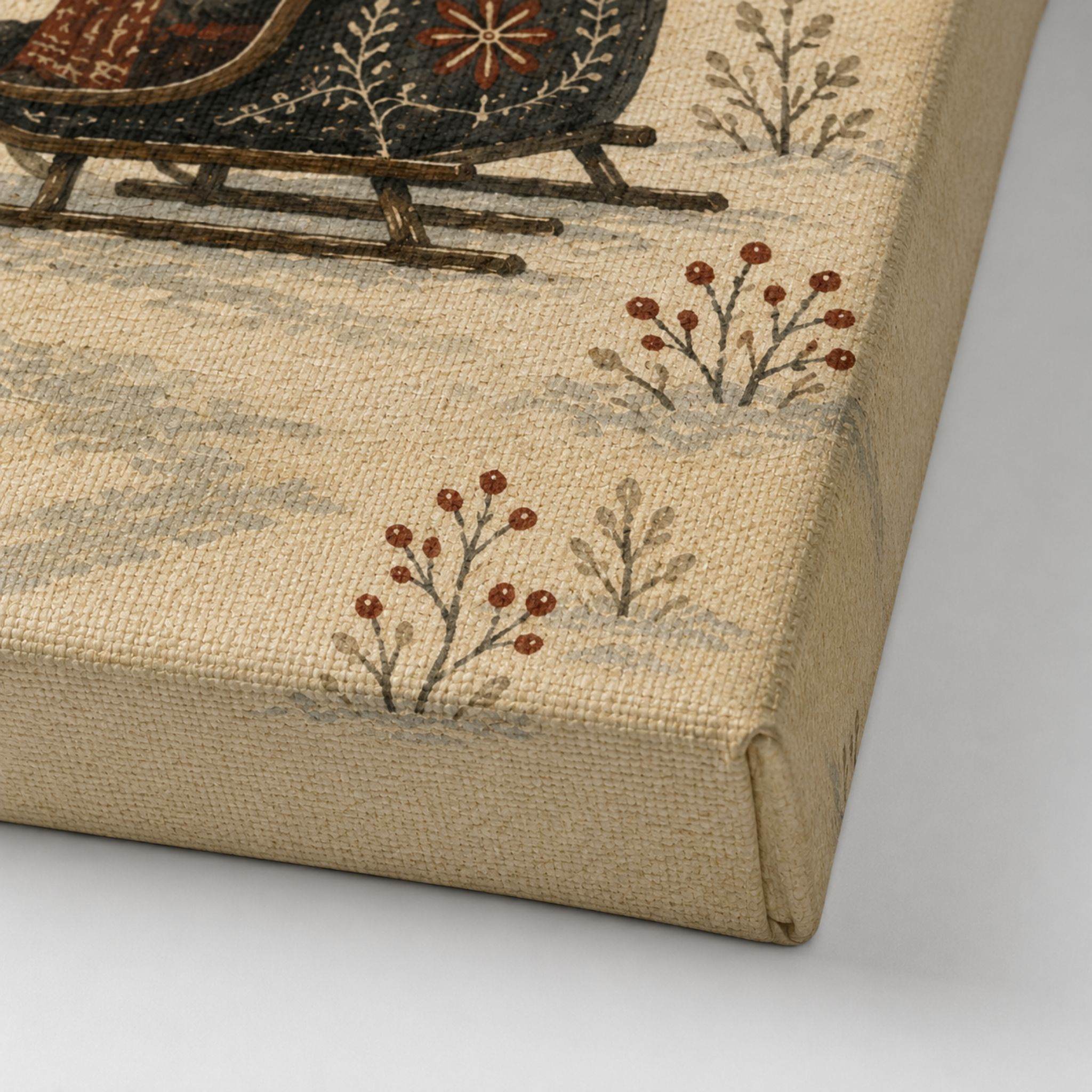 Textured canvas surface with printed design of a sled and trees on a neutral background
