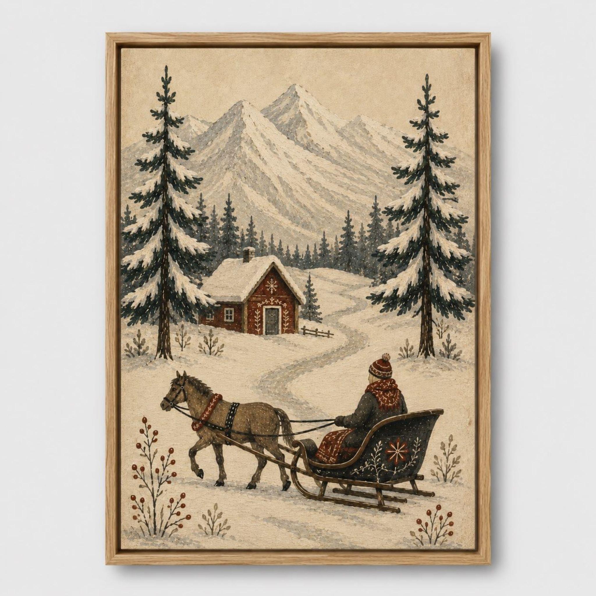 Oak wood-framed winter wall art with a horse and sleigh, cabin, and trees.