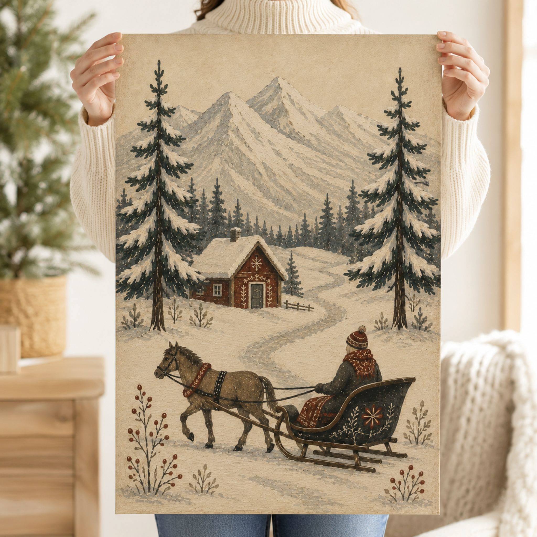 Person holding a canvas wall art with a winter scene featuring a horse and sleigh, cabin, and trees.