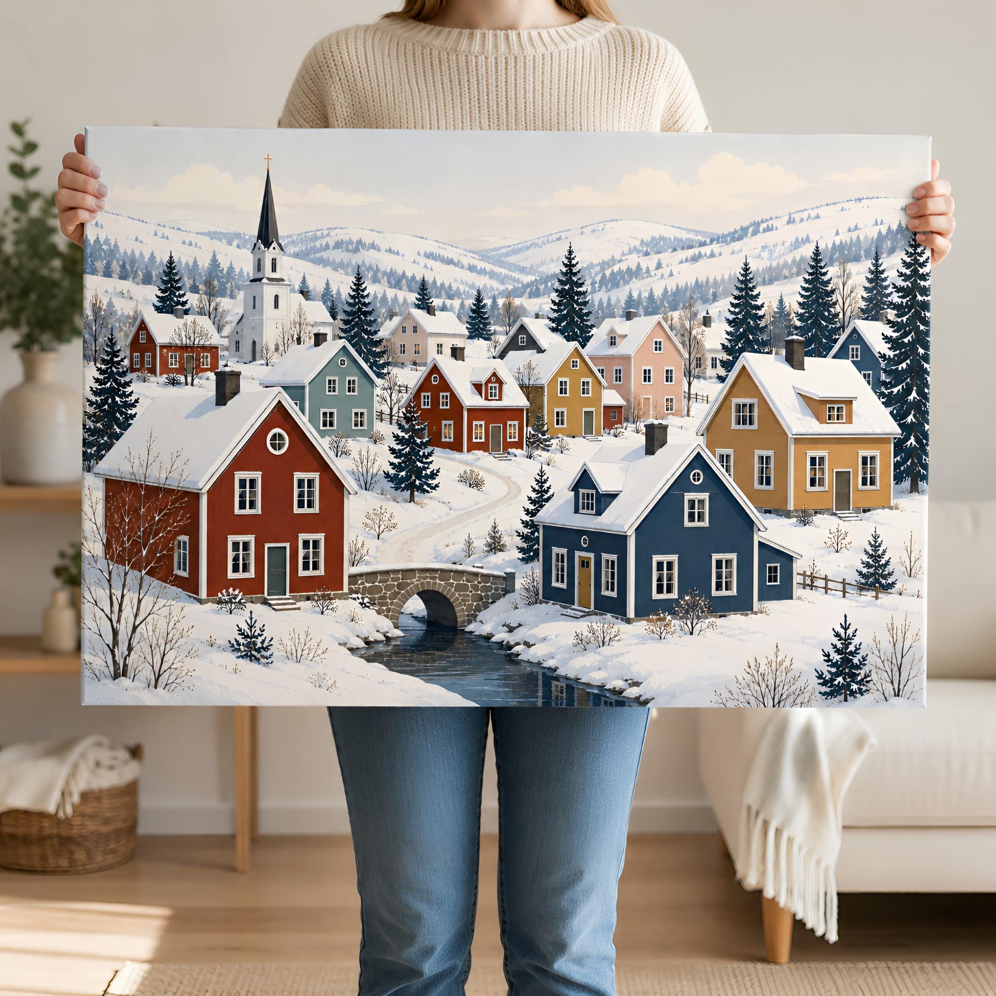 Scandinavian Winter Chapel Canvas Art 24x16 | Snowhaven
