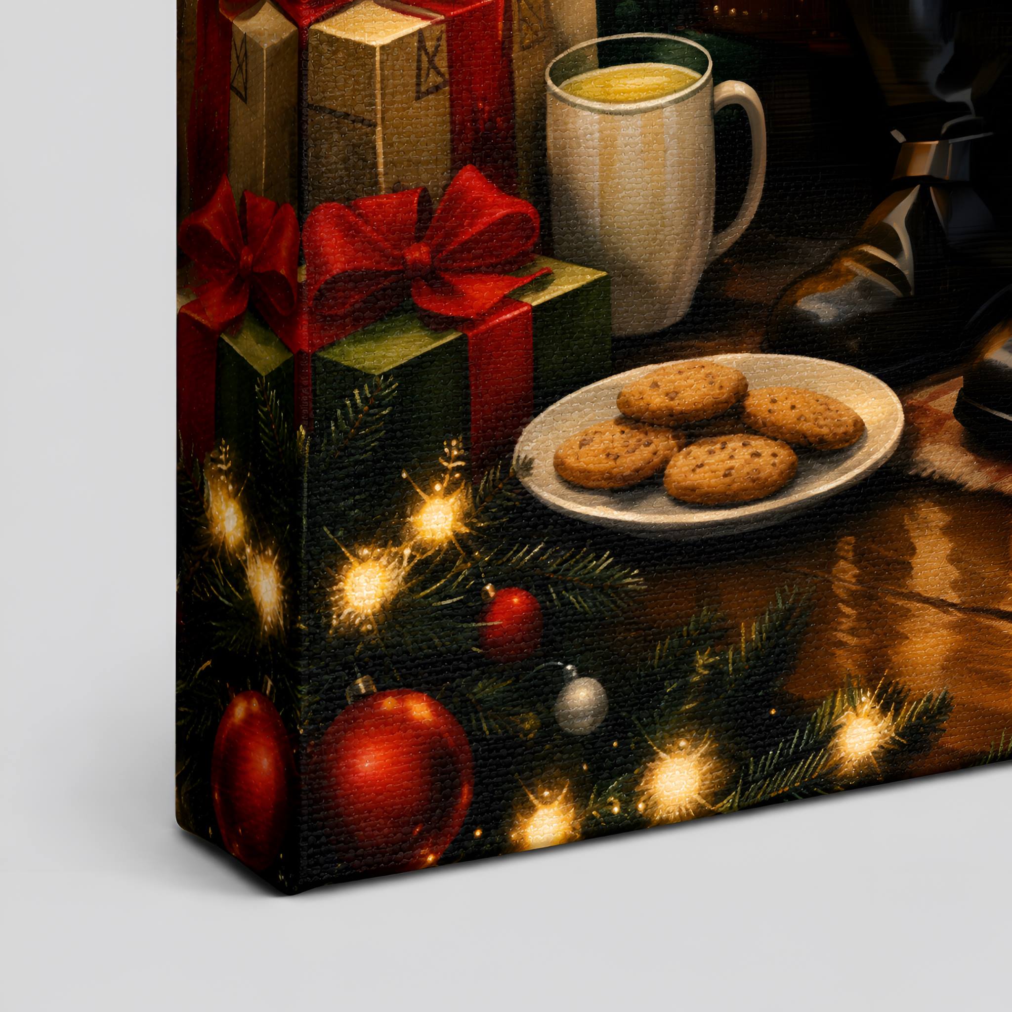 Canvas print of a Christmas scene with cookies, mug, and presents.