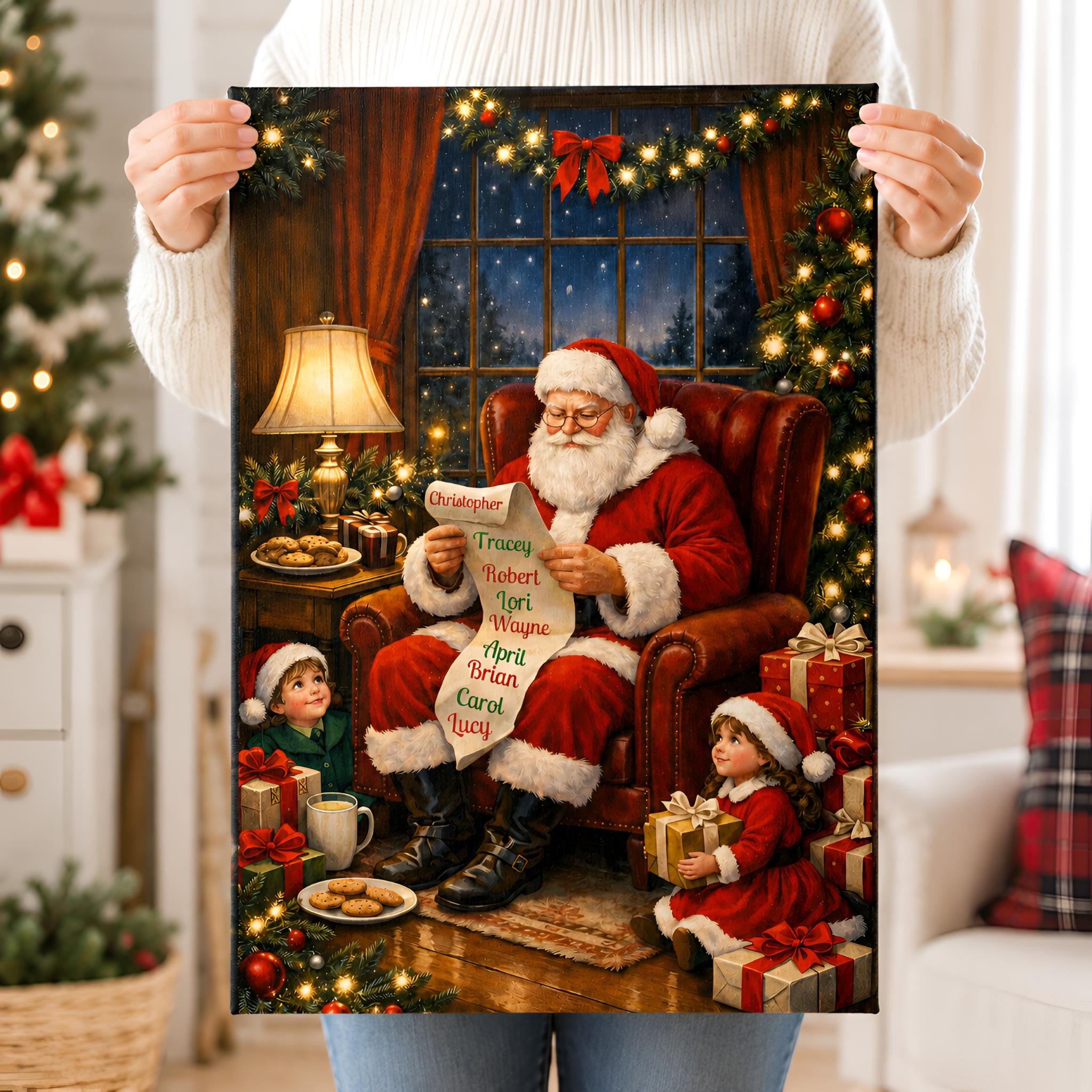 Person holding a personalized Christmas canvas wall art with Santa Claus and children in a decorated room.