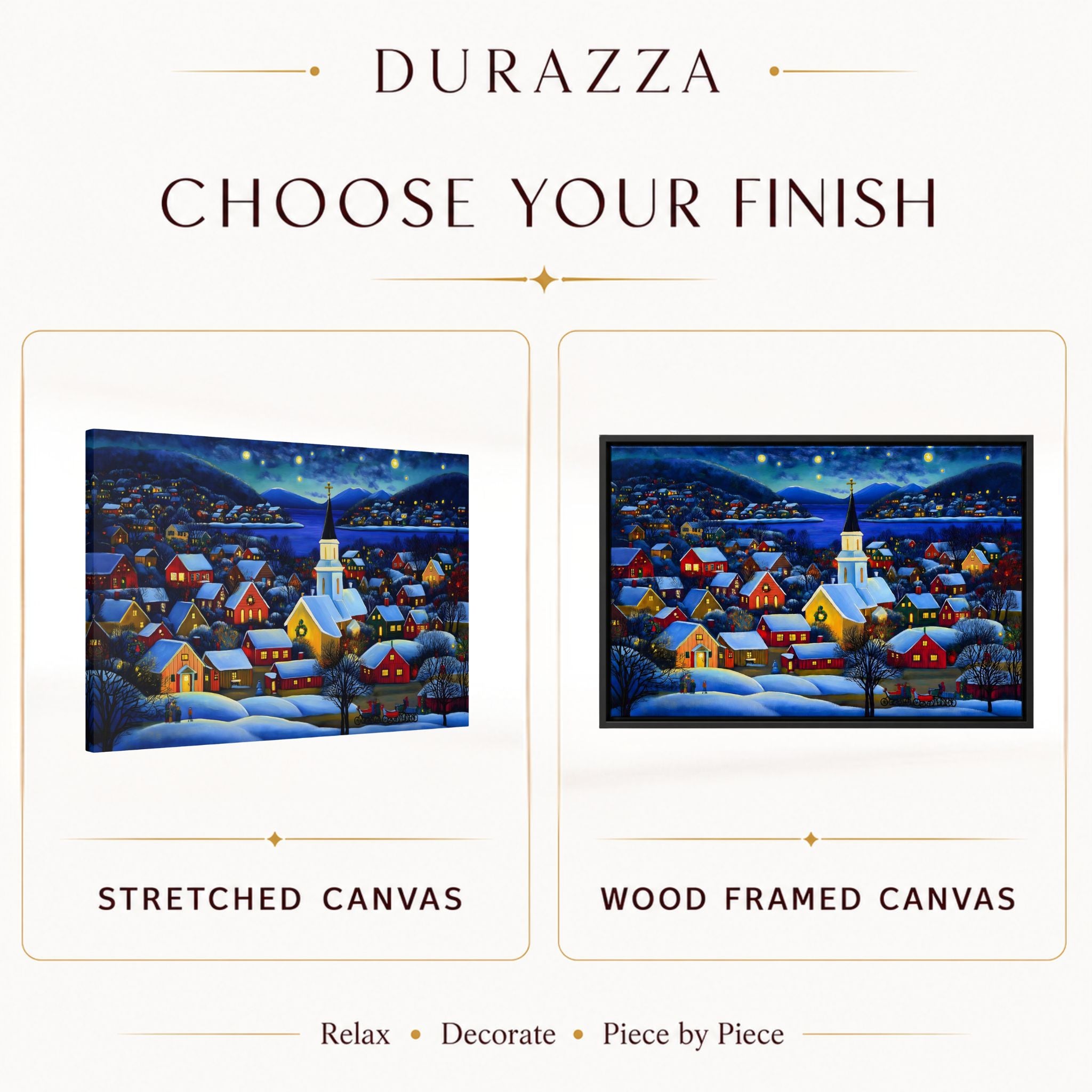Durazza product display with stretched canvas and wood framed canvas options for a winter village scene painting.