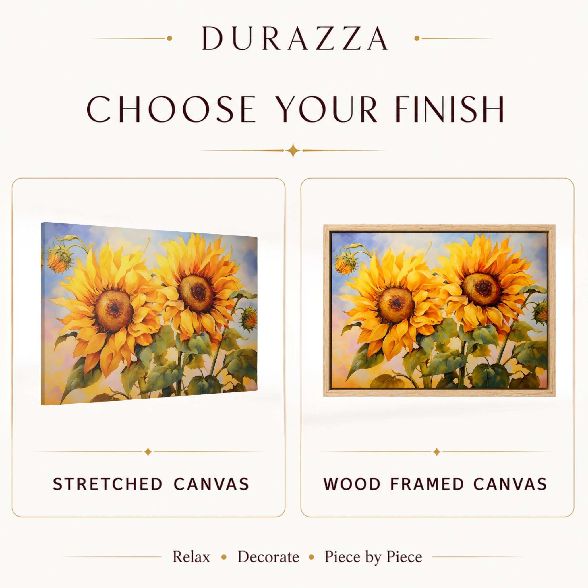Two sunflower paintings, one stretched on canvas and one wood framed, with 'Durazza' branding.