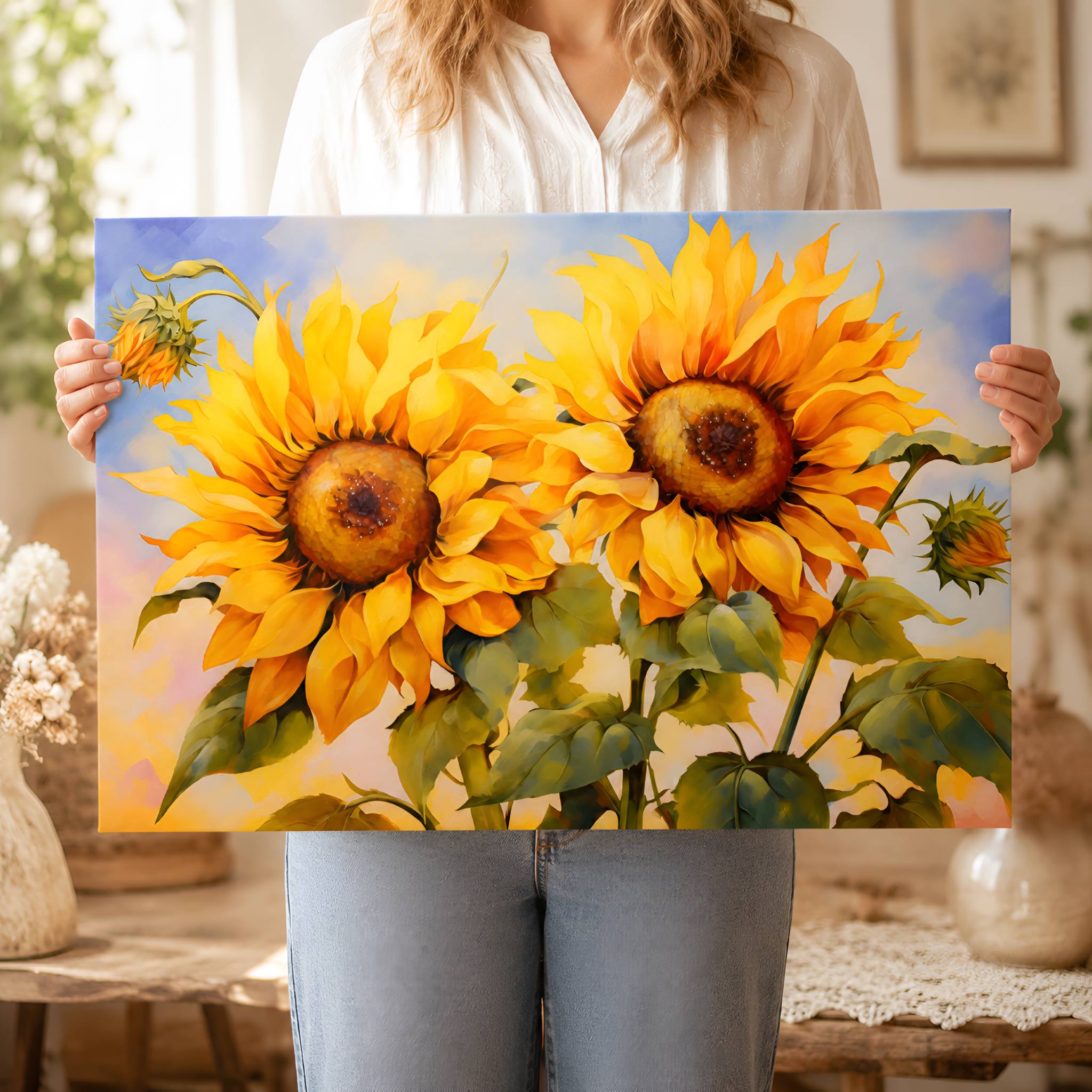 Person holding a painting of sunflowers in a cottage home setting