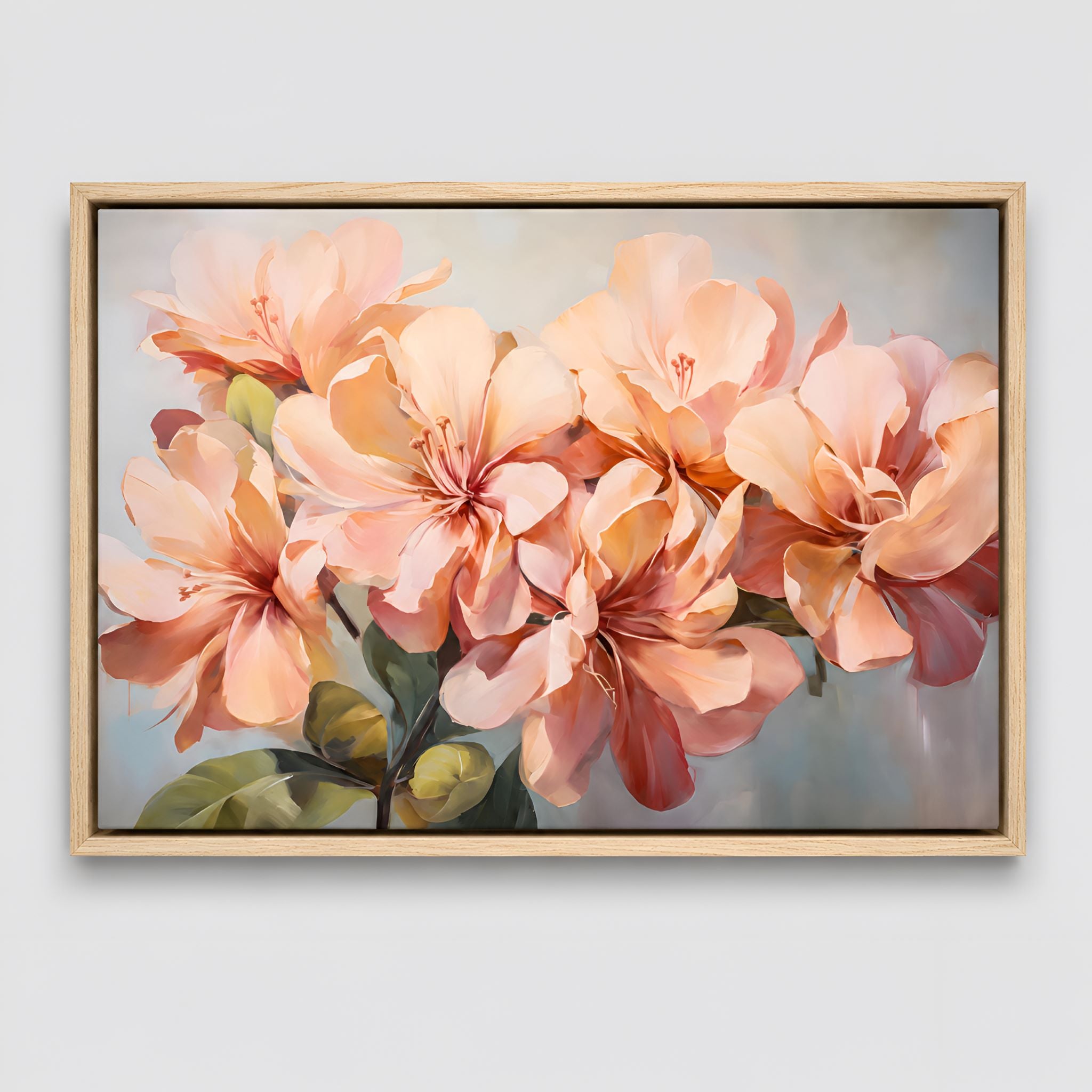 Oak framed peach azalea flower art work.
