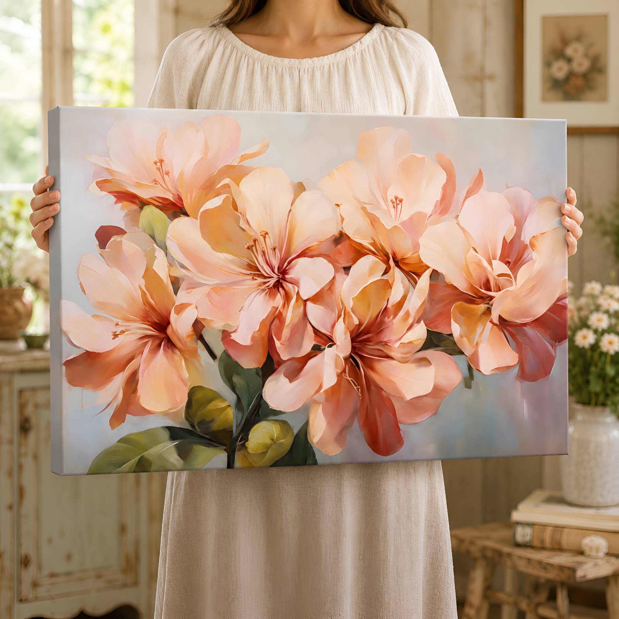 Person holding a floral painting with pink flowers in a home setting