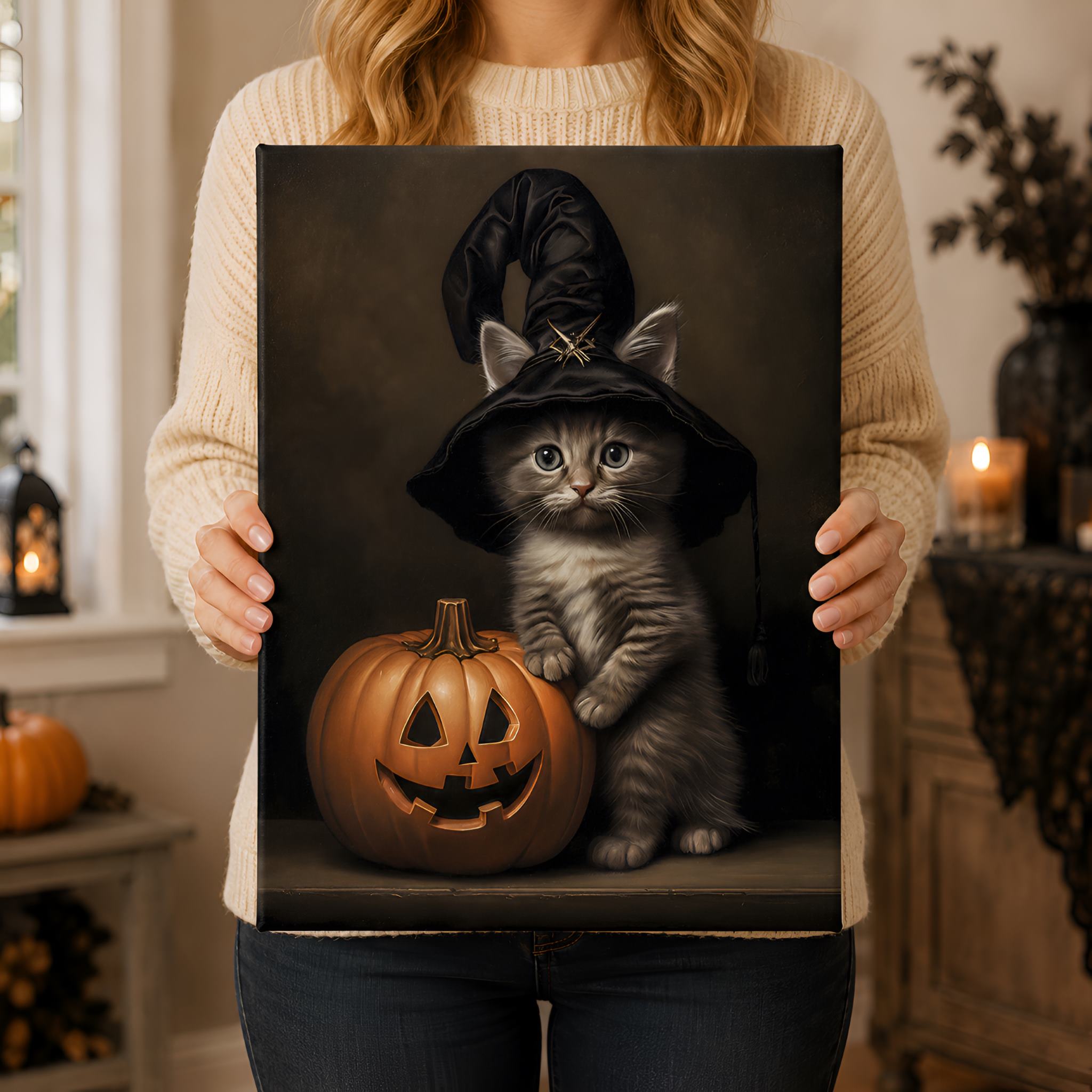 Person holding a Halloween canvas wall art print with a cat in a witch hat and pumpkin.