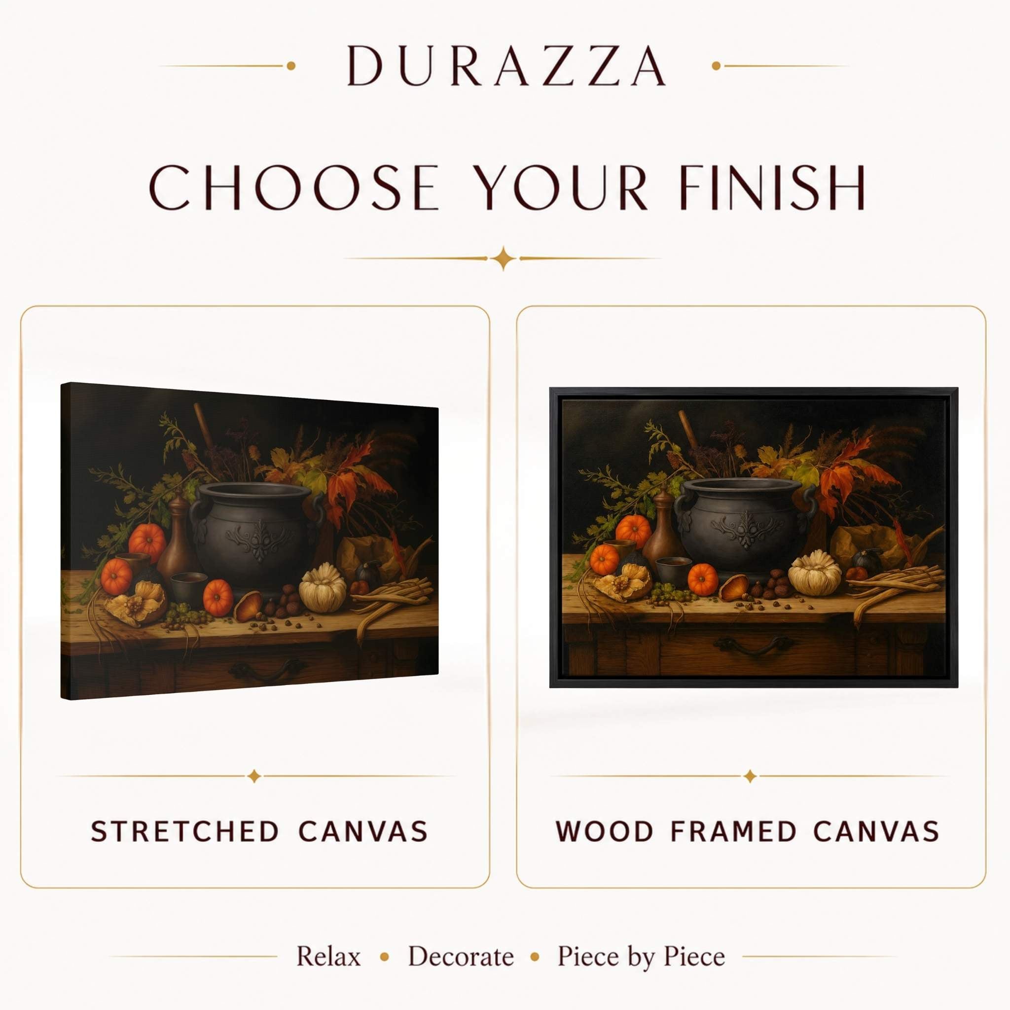 Product display with 'Durazza' branding, showing stretched canvas and wood framed canvas options.