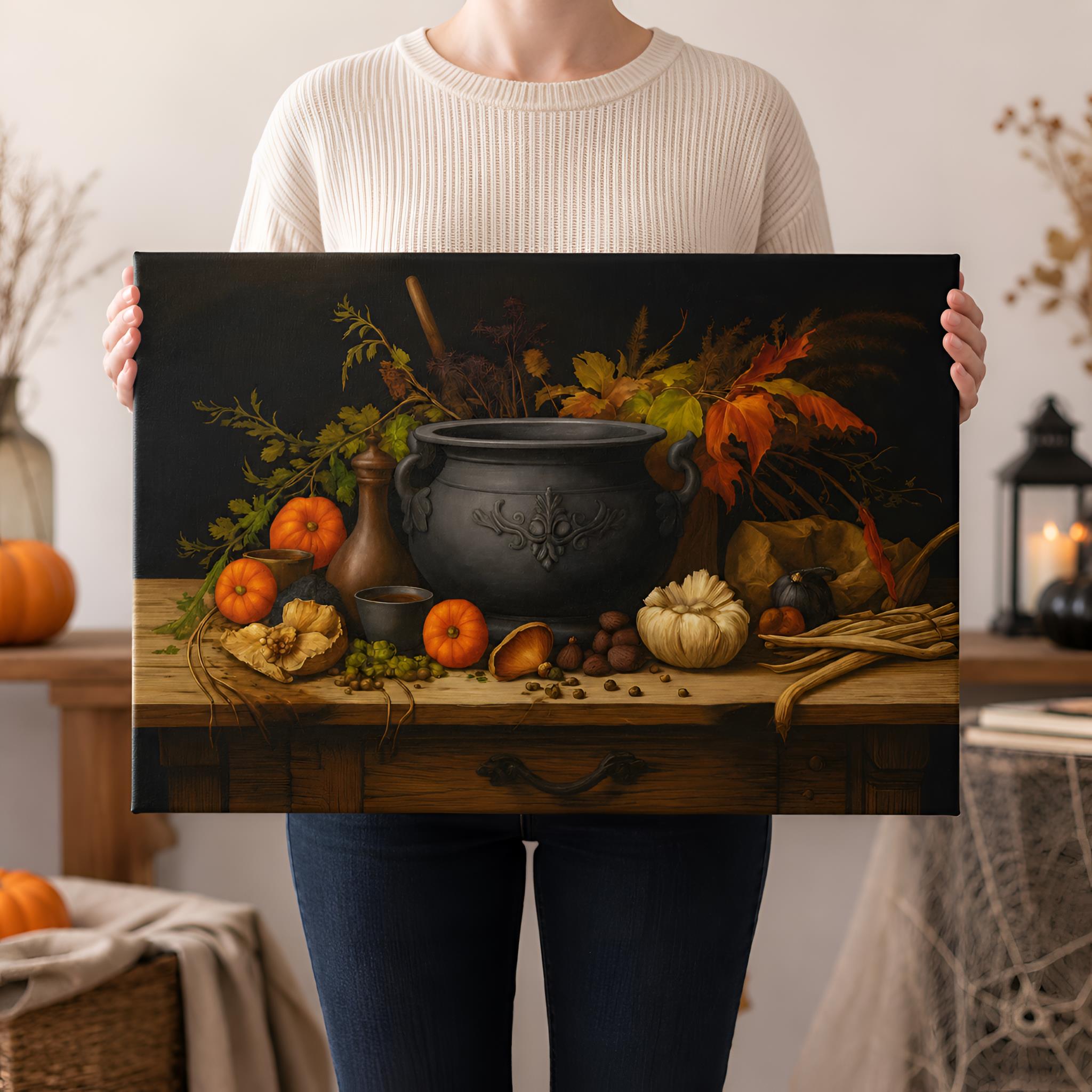 Person holding witchy artwork of a still life with a cauldron and pumpkins.
