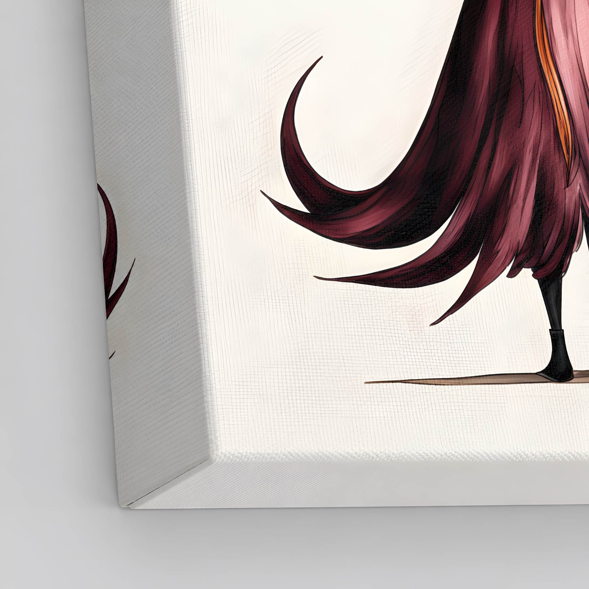 Close up of canvas artwork of a witch with long red witchy dress on a white background
